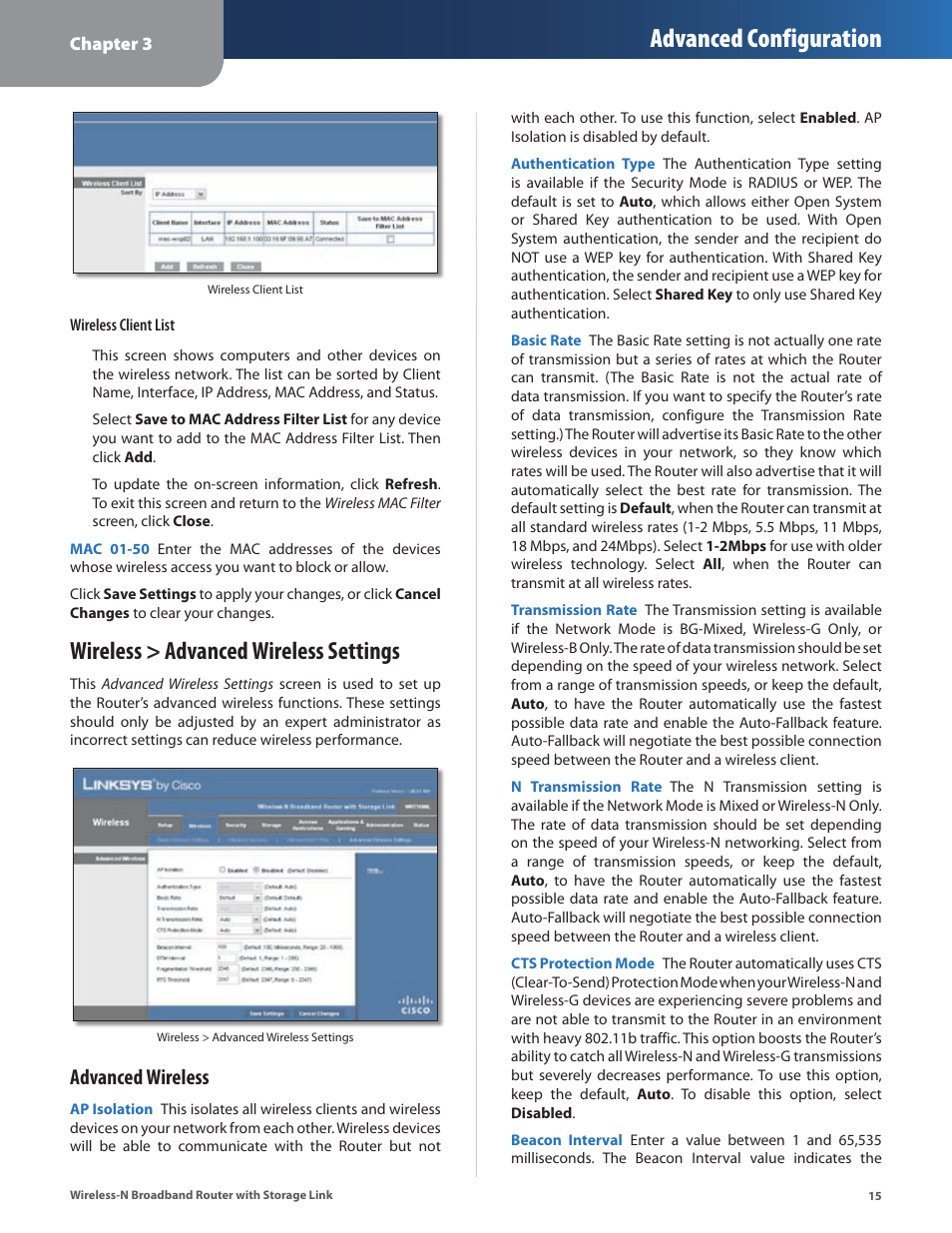 Wireless > advanced wireless settings, Advanced configuration, Advanced wireless | Linksys WRT160NL User Manual | Page 19 / 65