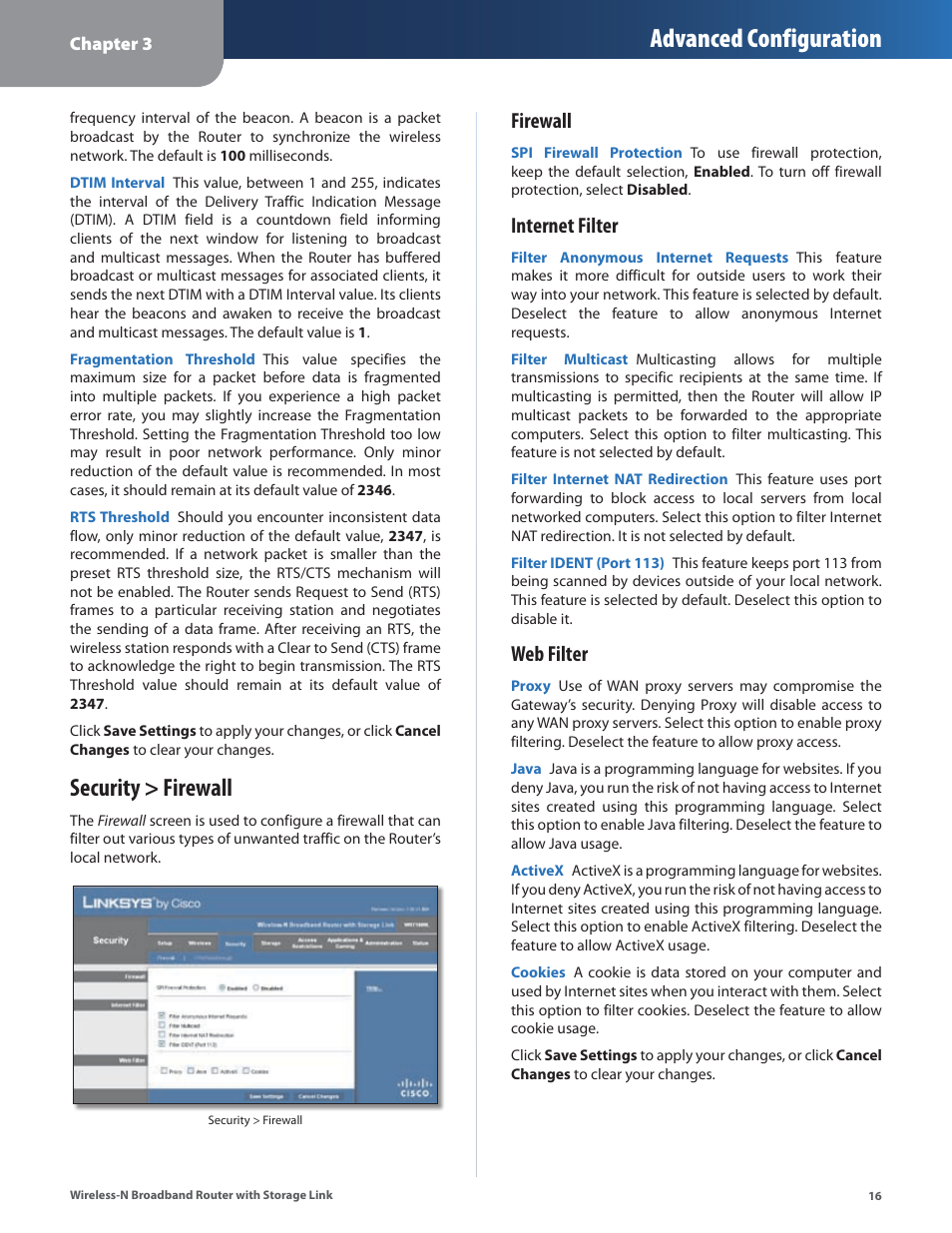 Security > firewall, Advanced configuration, Firewall | Internet filter, Web filter | Linksys WRT160NL User Manual | Page 20 / 65