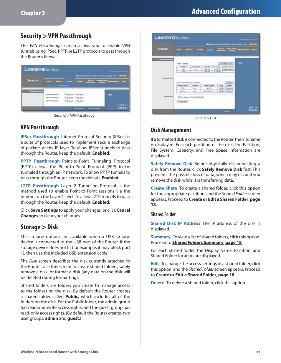 Security > vpn passthrough, Storage > disk, Security > vpn passthrough storage > disk | Advanced configuration, Vpn passthrough, Disk management | Linksys WRT160NL User Manual | Page 21 / 65
