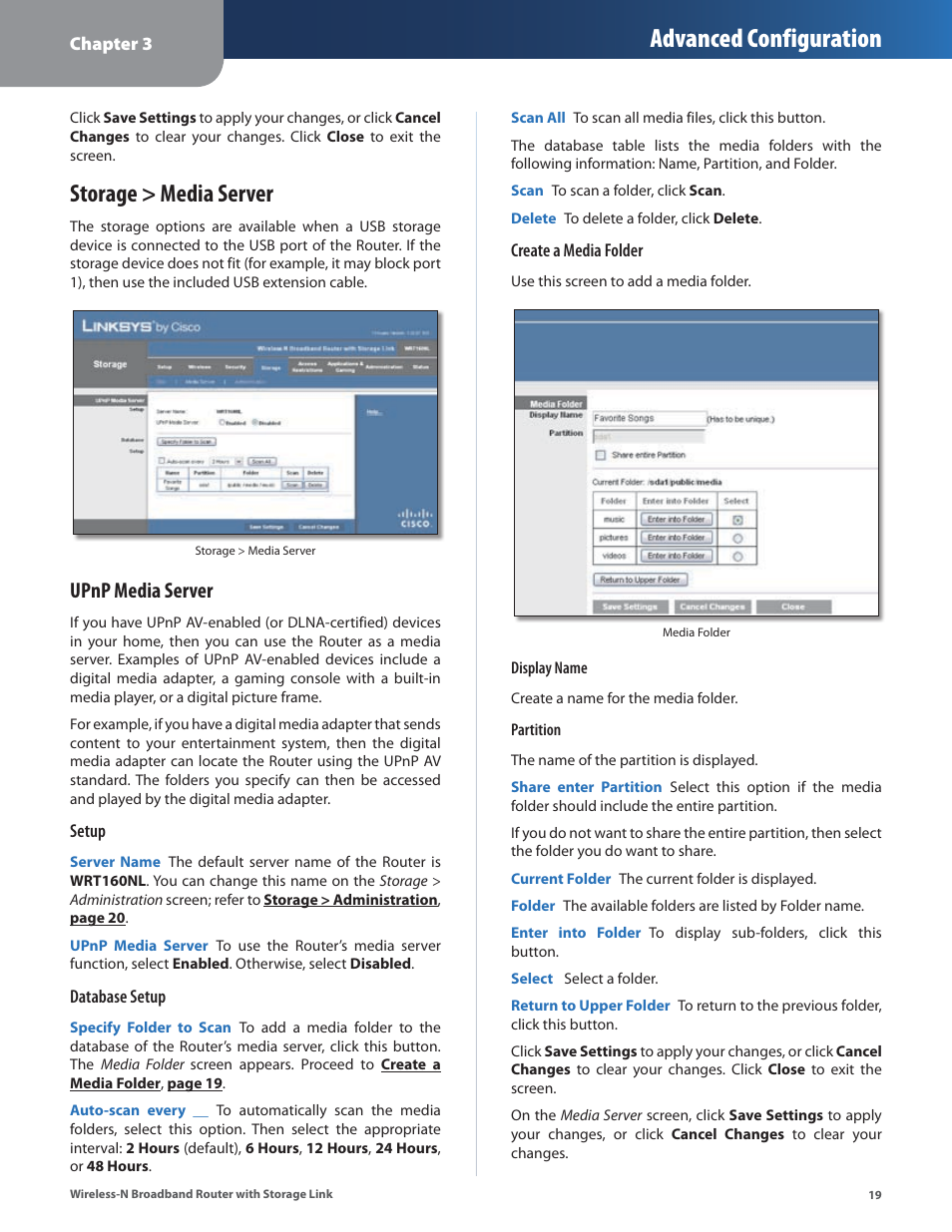 Advanced configuration, Storage > media server, Upnp media server | Linksys WRT160NL User Manual | Page 23 / 65