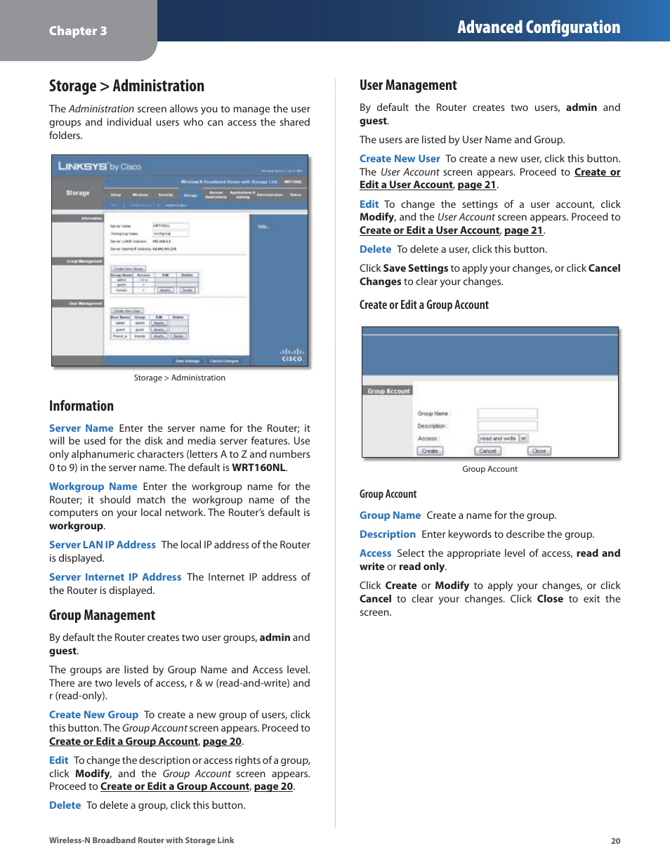 Storage > administration, Advanced configuration, Information | Group management, User management | Linksys WRT160NL User Manual | Page 24 / 65