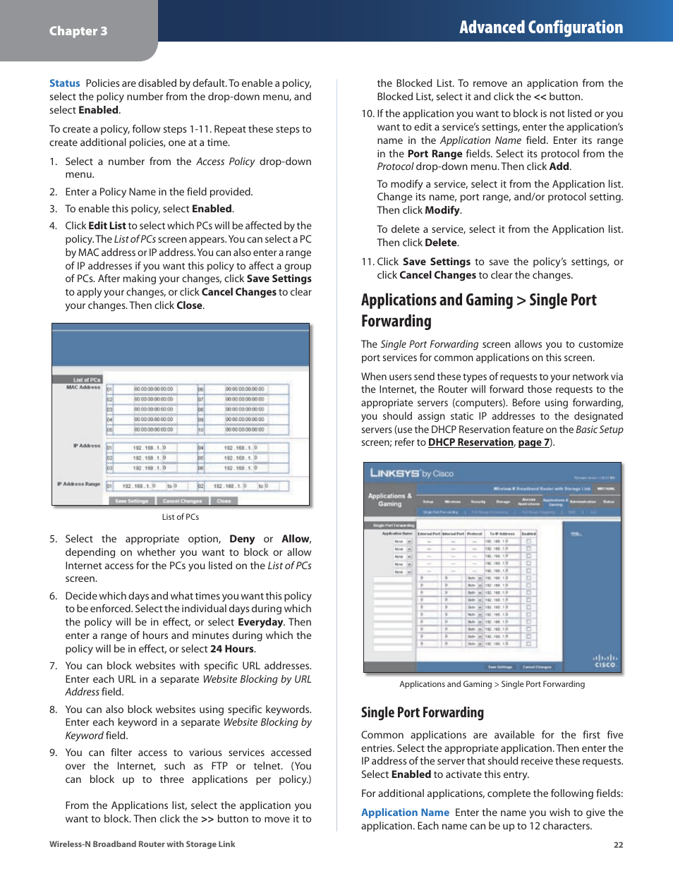 Applications and gaming > single port forwarding, Advanced configuration, Single port forwarding | Linksys WRT160NL User Manual | Page 26 / 65