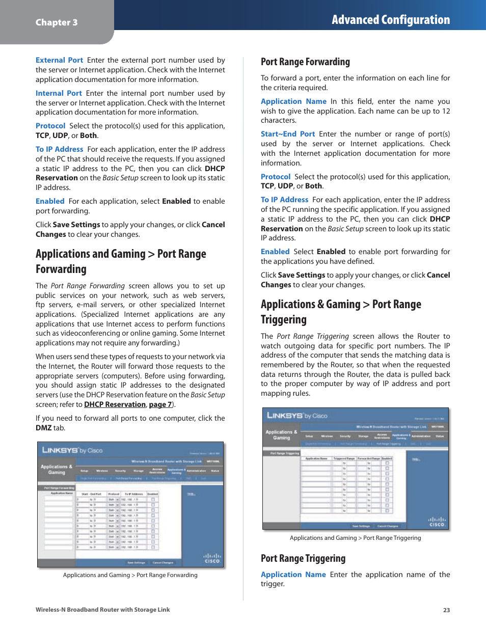 Applications and gaming > port range forwarding, Applications & gaming > port range triggering, Advanced configuration | Port range forwarding, Port range triggering | Linksys WRT160NL User Manual | Page 27 / 65