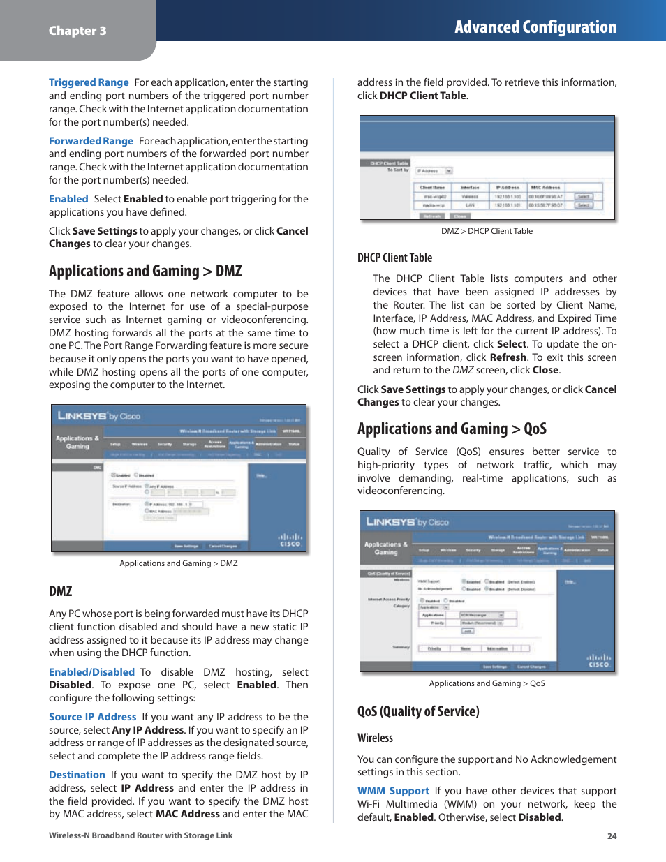 Applications and gaming > dmz, Applications and gaming > qos, Advanced configuration | Qos (quality of service) | Linksys WRT160NL User Manual | Page 28 / 65