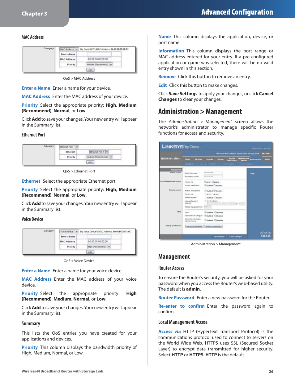 Administration > management, Advanced configuration, Management | Linksys WRT160NL User Manual | Page 30 / 65