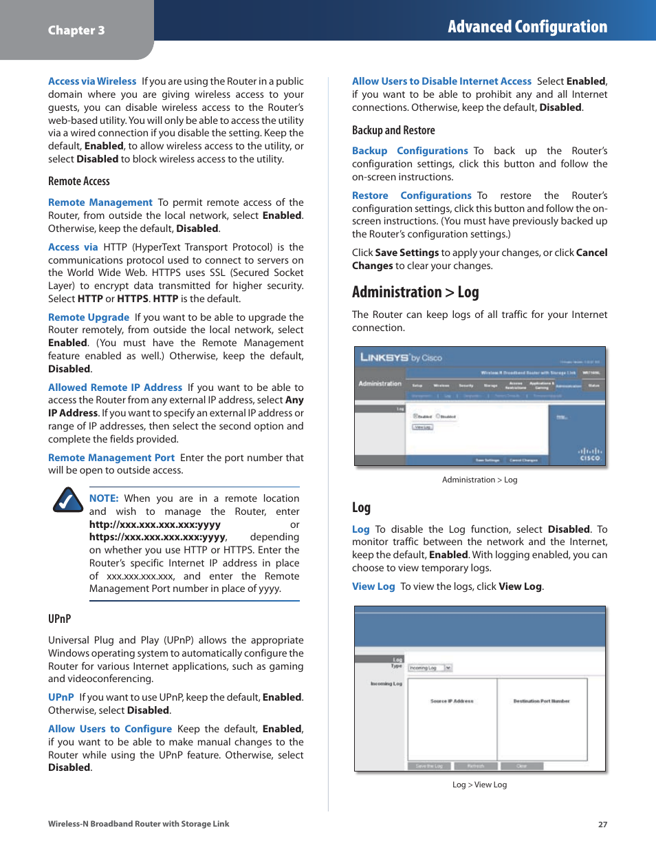 Administration > log, Advanced configuration | Linksys WRT160NL User Manual | Page 31 / 65