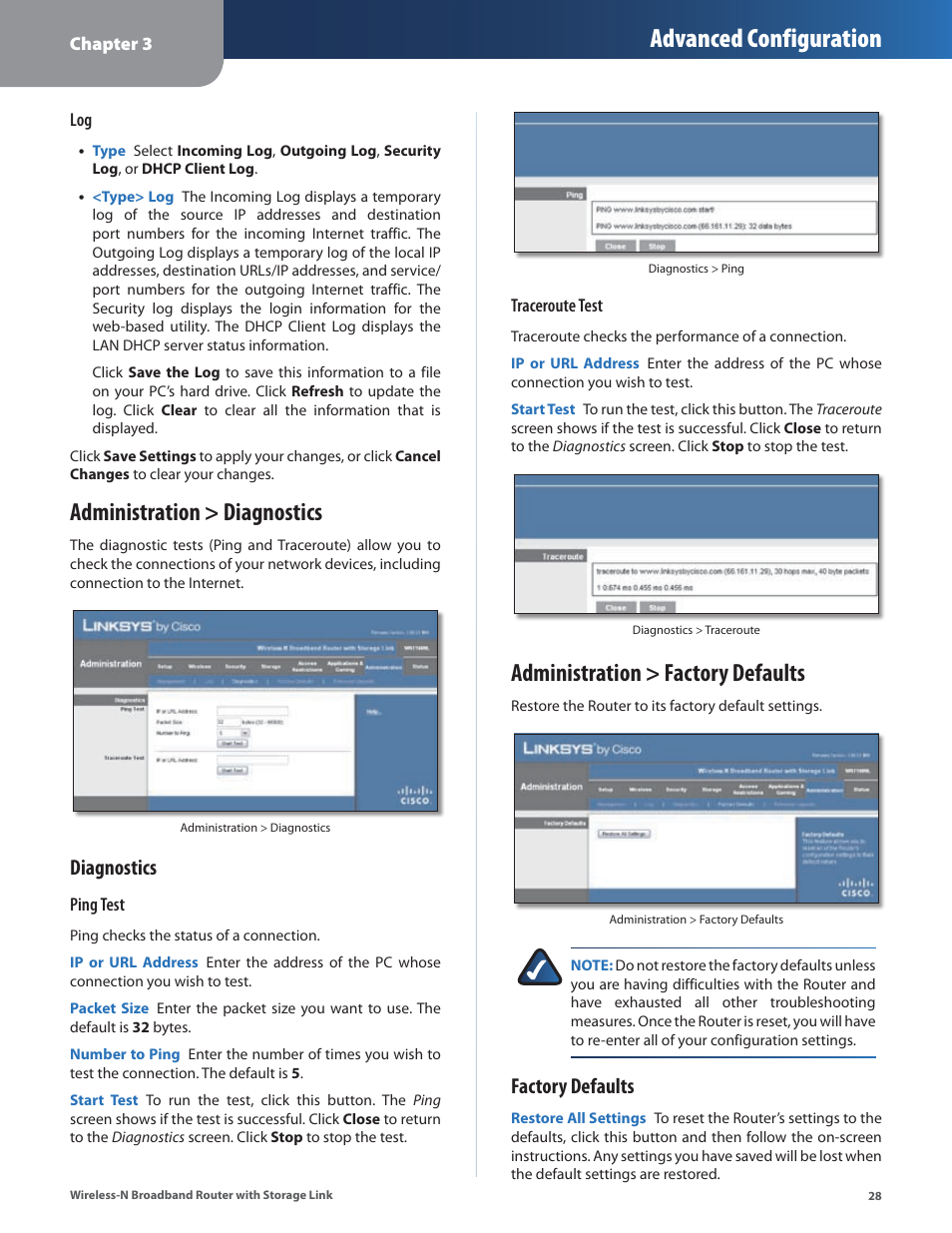 Administration > diagnostics, Administration > factory defaults, Advanced configuration | Diagnostics, Factory defaults | Linksys WRT160NL User Manual | Page 32 / 65