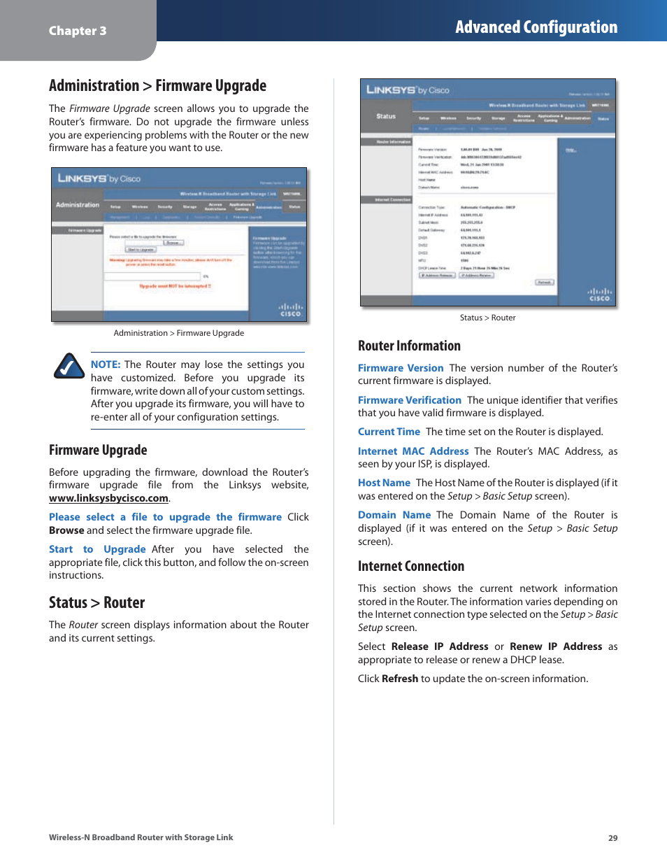 Administration > firmware upgrade, Status > router, Administration > firmware upgrade status > router | Advanced configuration, Firmware upgrade, Router information, Internet connection | Linksys WRT160NL User Manual | Page 33 / 65