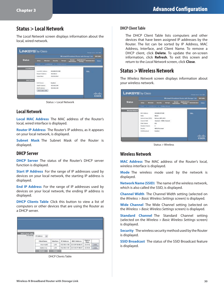 Status > local network, Status > wireless network, Status > local network status > wireless network | Advanced configuration, Local network, Dhcp server, Wireless network | Linksys WRT160NL User Manual | Page 34 / 65