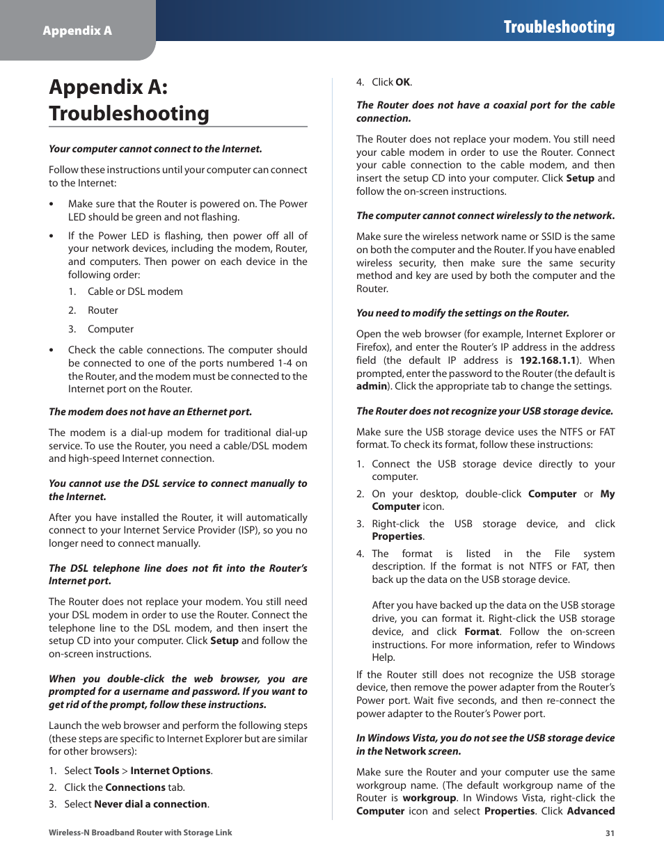 Appendix a: troubleshooting, Troubleshooting | Linksys WRT160NL User Manual | Page 35 / 65