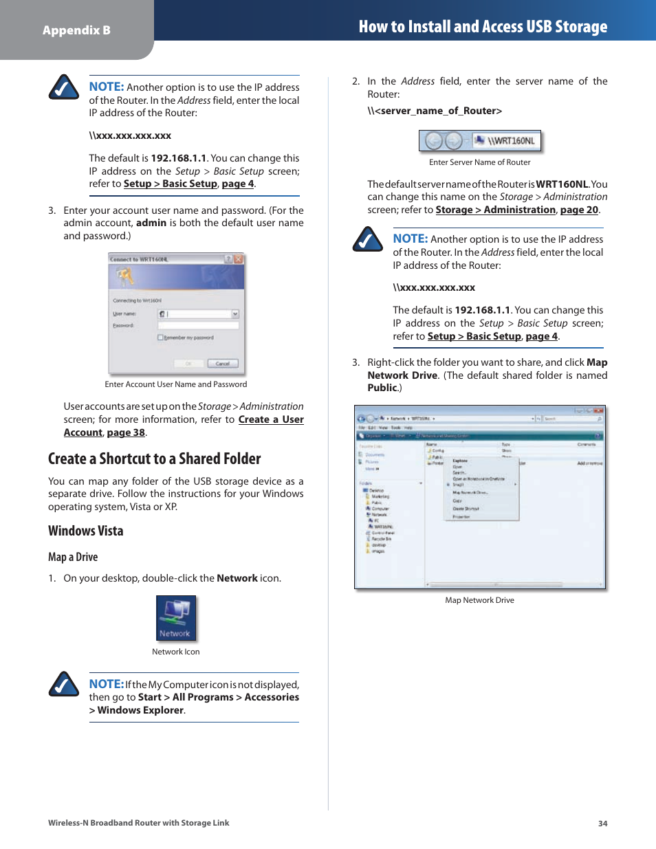 Create a shortcut to a shared folder, How to install and access usb storage, Windows vista | Linksys WRT160NL User Manual | Page 38 / 65