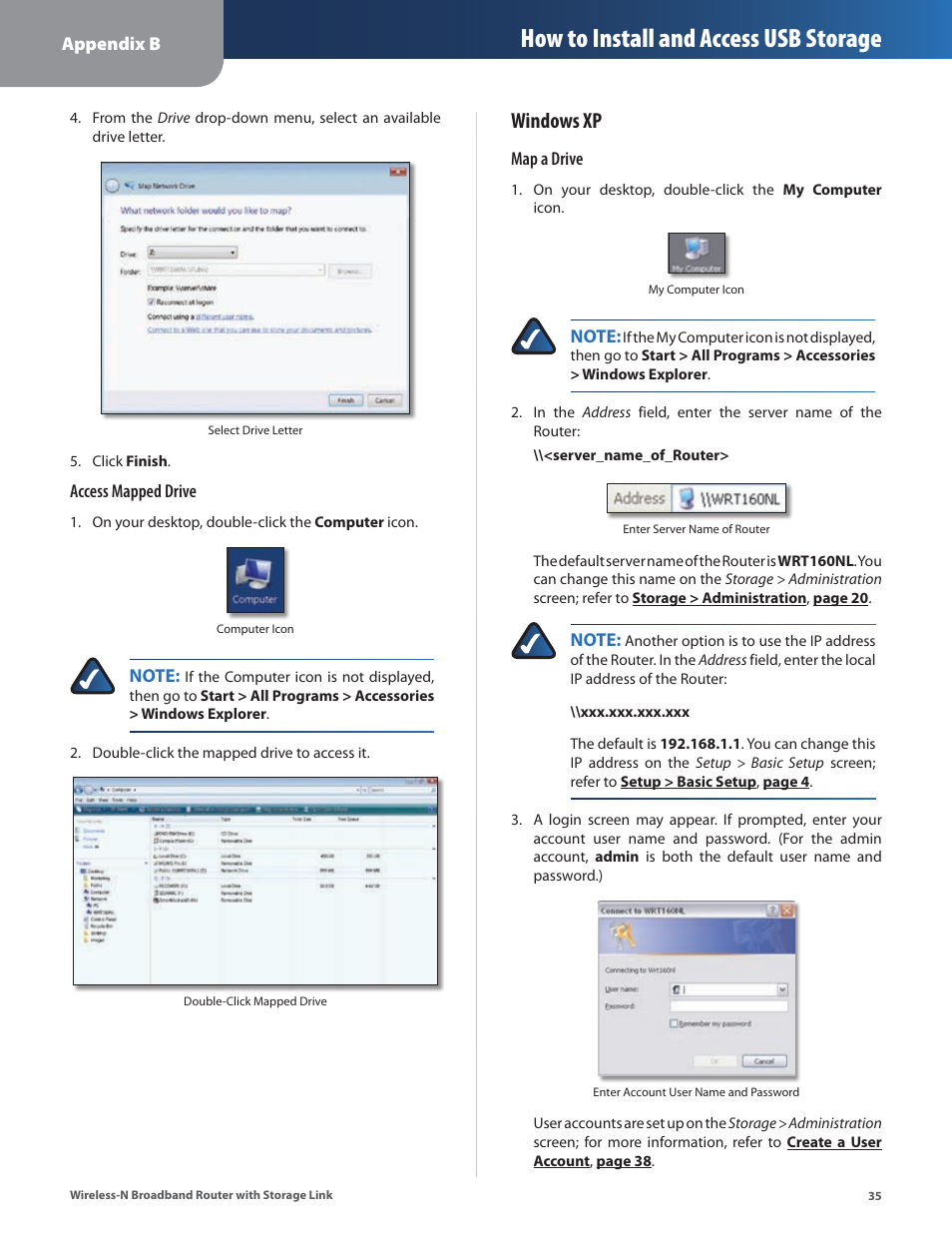 How to install and access usb storage, Windows xp | Linksys WRT160NL User Manual | Page 39 / 65