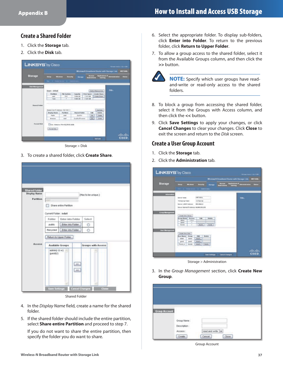 How to install and access usb storage, Create a shared folder, Create a user group account | Linksys WRT160NL User Manual | Page 41 / 65
