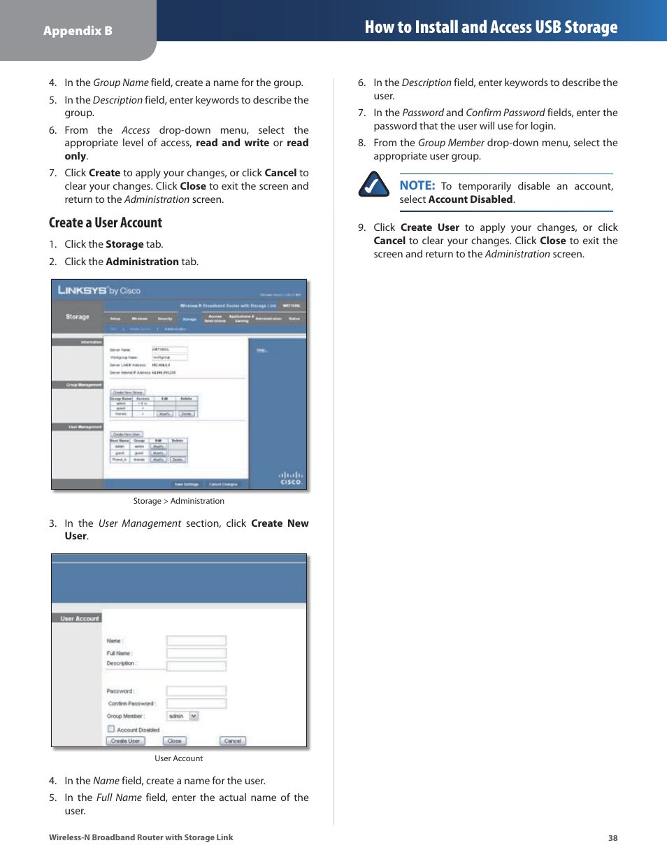 Create a user, How to install and access usb storage, Create a user account | Linksys WRT160NL User Manual | Page 42 / 65