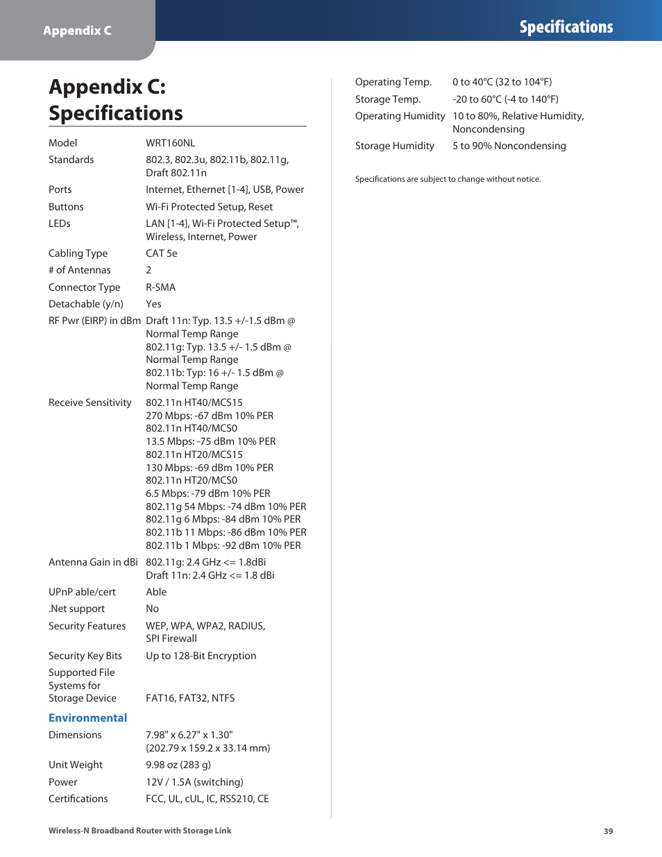 Appendix c: specifications, Specifications | Linksys WRT160NL User Manual | Page 43 / 65