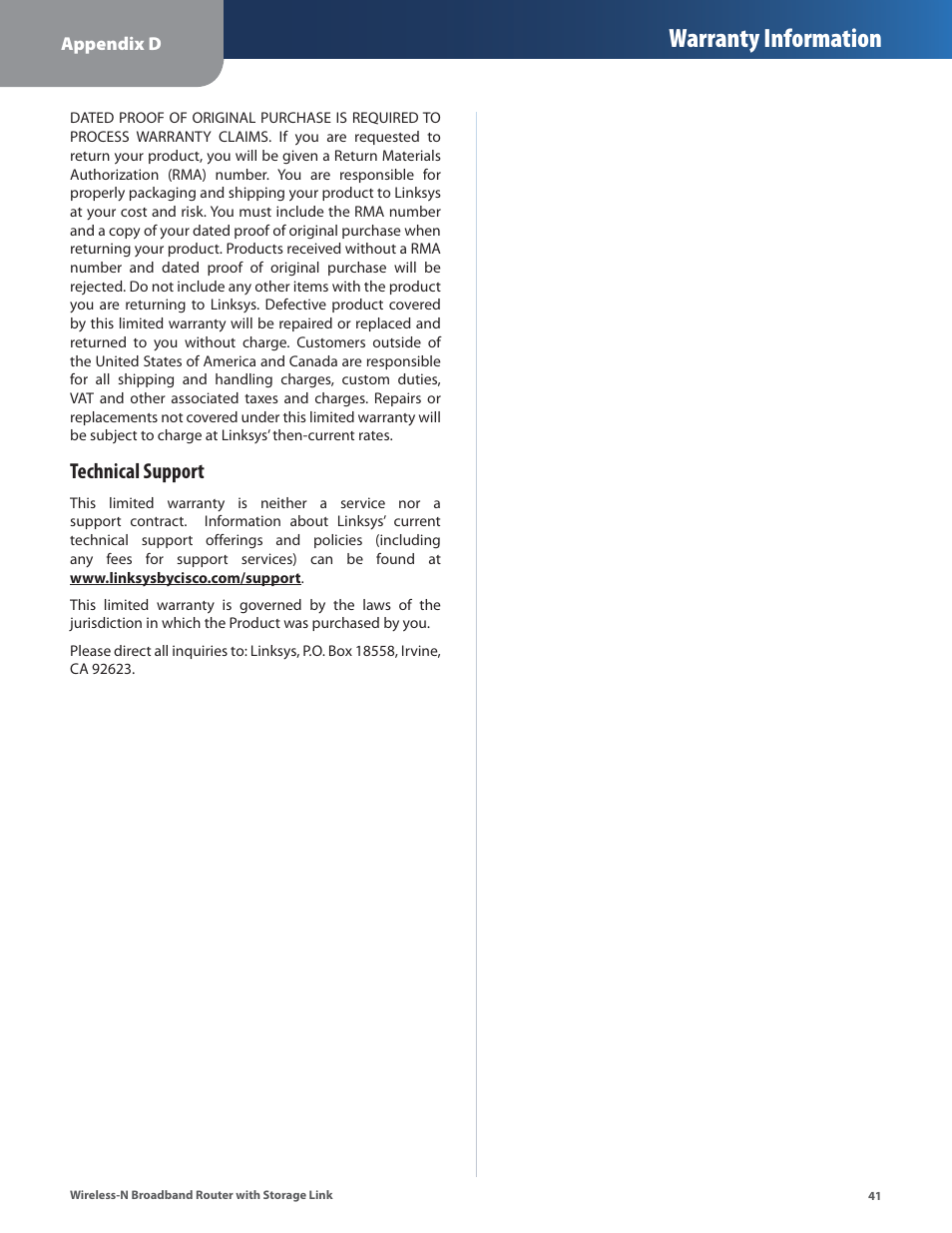 Warranty information, Technical support | Linksys WRT160NL User Manual | Page 45 / 65