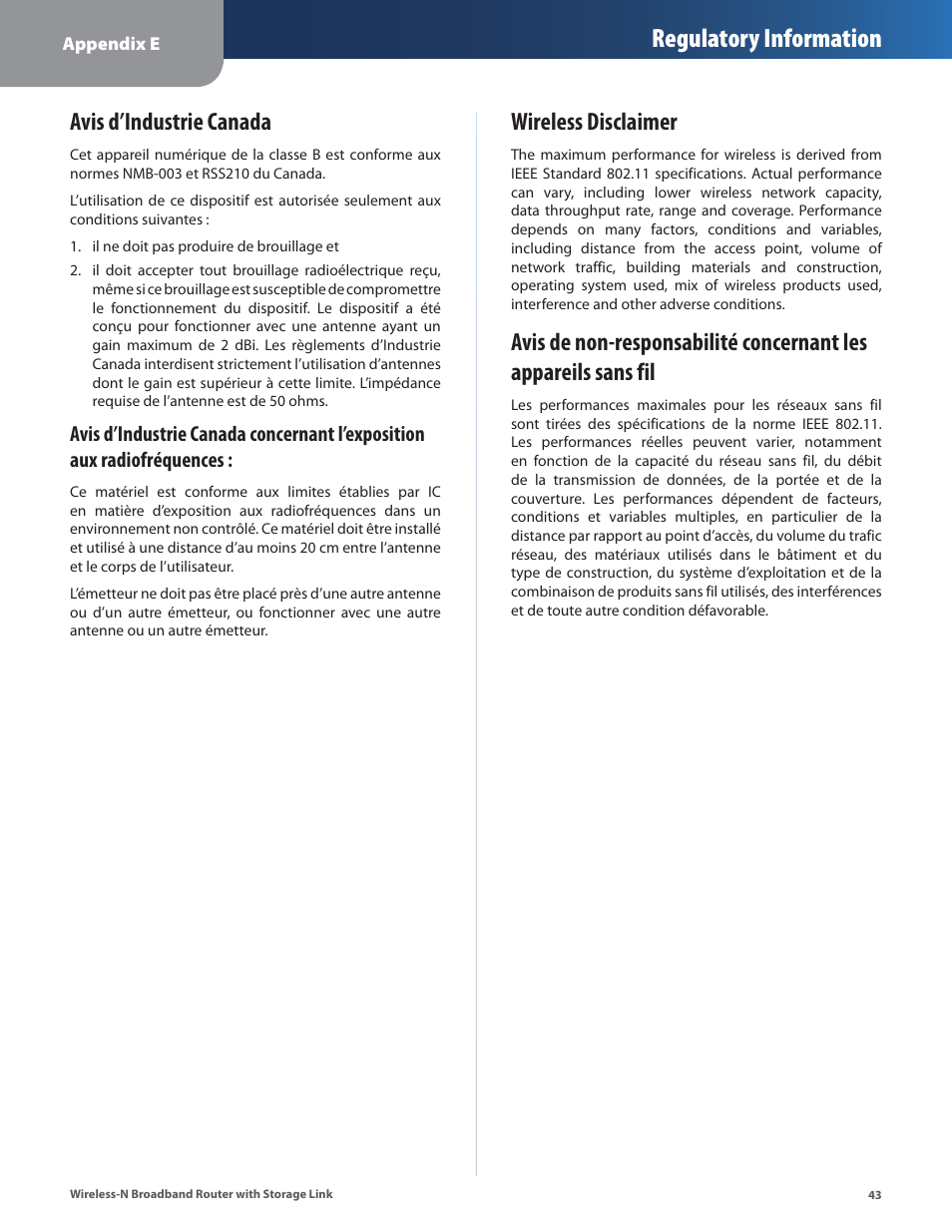 Avis d’industrie canada, Wireless disclaimer, Regulatory information | Linksys WRT160NL User Manual | Page 47 / 65