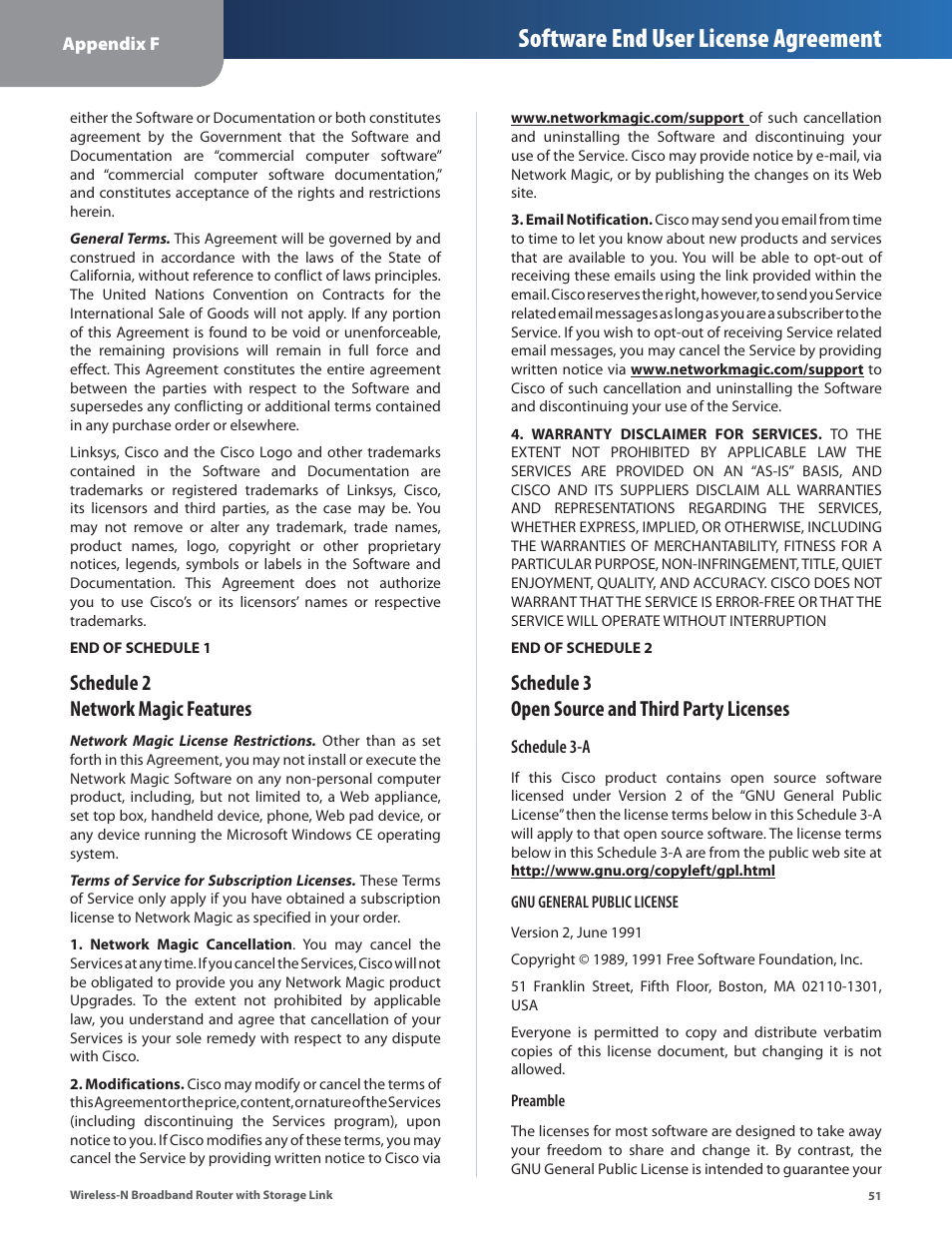 Software end user license agreement, Schedule 2 network magic features, Schedule 3 open source and third party licenses | Linksys WRT160NL User Manual | Page 55 / 65