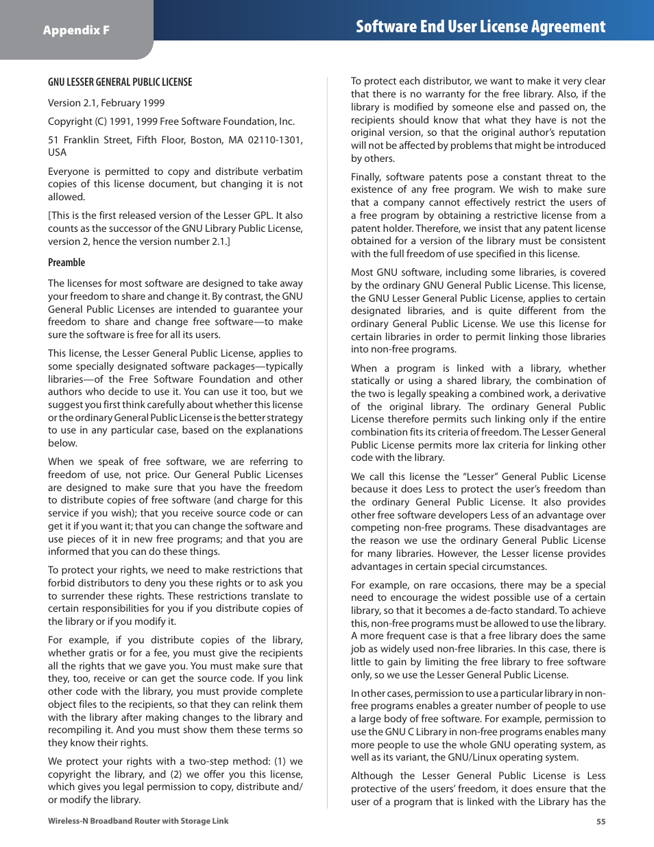 Software end user license agreement | Linksys WRT160NL User Manual | Page 59 / 65