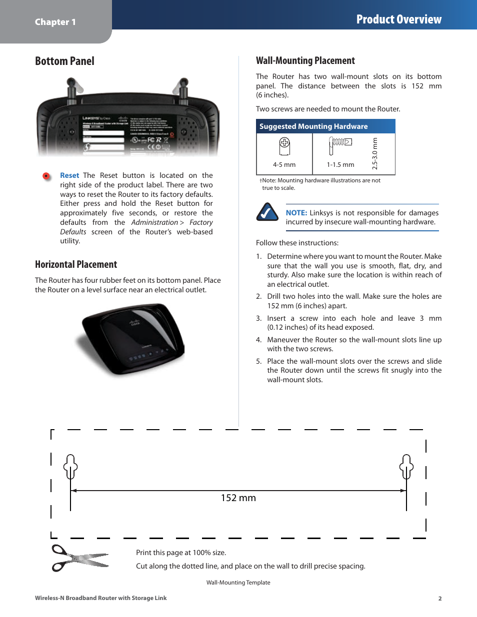 Bottom panel, Product overview, Horizontal placement | Wall-mounting placement, 152 mm | Linksys WRT160NL User Manual | Page 6 / 65