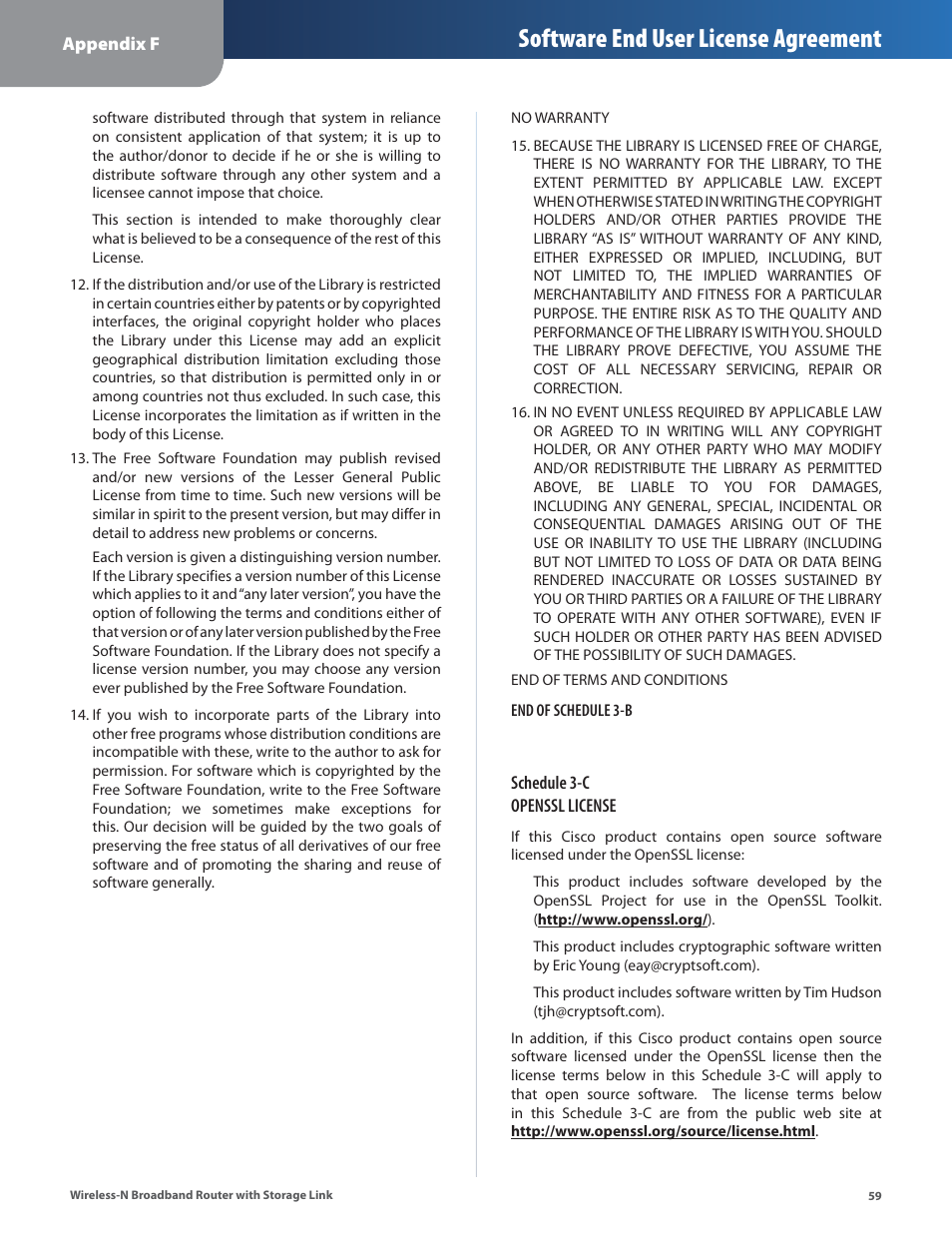 Software end user license agreement | Linksys WRT160NL User Manual | Page 63 / 65