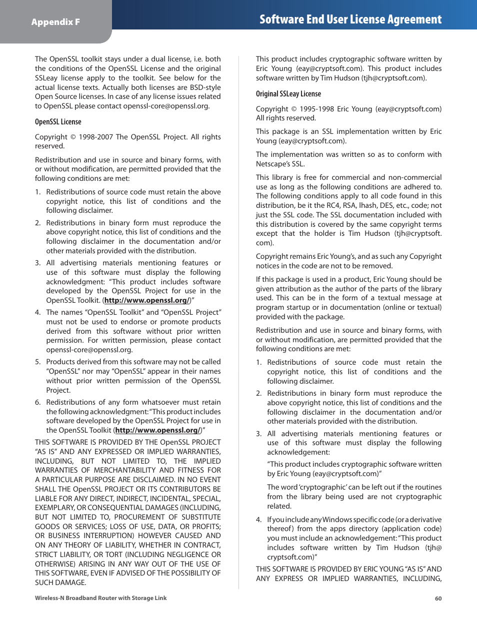Software end user license agreement | Linksys WRT160NL User Manual | Page 64 / 65