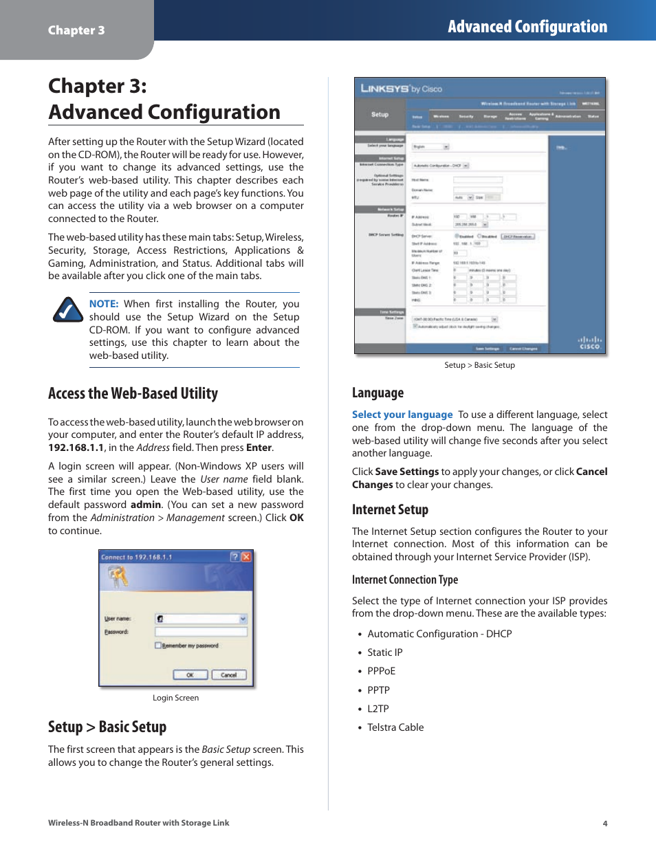 Chapter 3: advanced configuration, Setup > basic setup, Advanced configuration | Access the web-based utility, Language, Internet setup | Linksys WRT160NL User Manual | Page 8 / 65