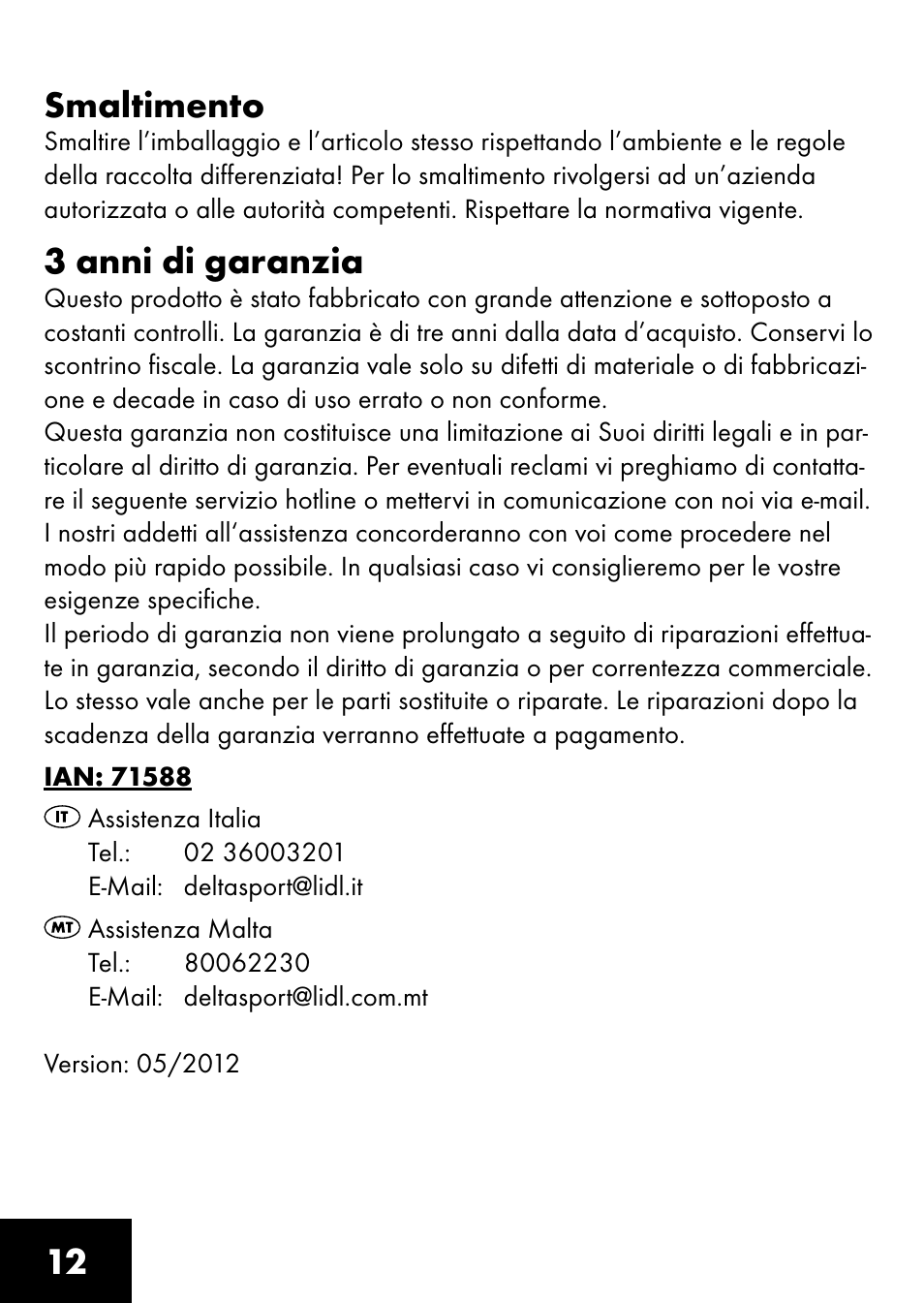 12 smaltimento, 3 anni di garanzia | Playtive RING TRAPEZE User Manual | Page 10 / 28