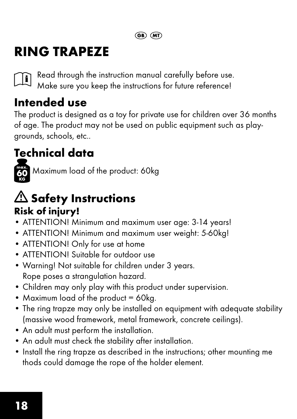 Ring trapeze, Intended use, Technical data | Safety instructions | Playtive RING TRAPEZE User Manual | Page 16 / 28