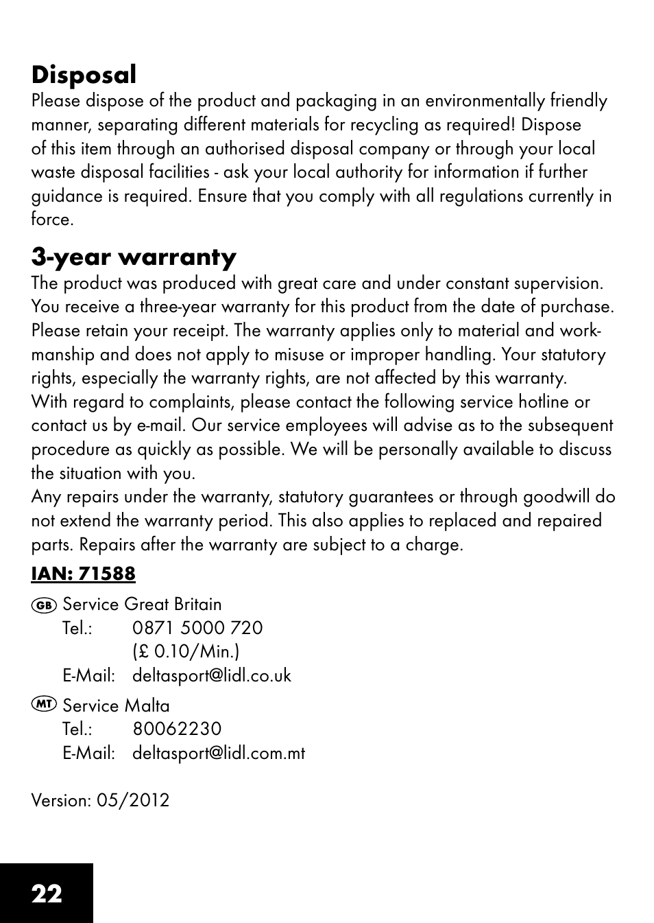 22 disposal, Year warranty | Playtive RING TRAPEZE User Manual | Page 20 / 28