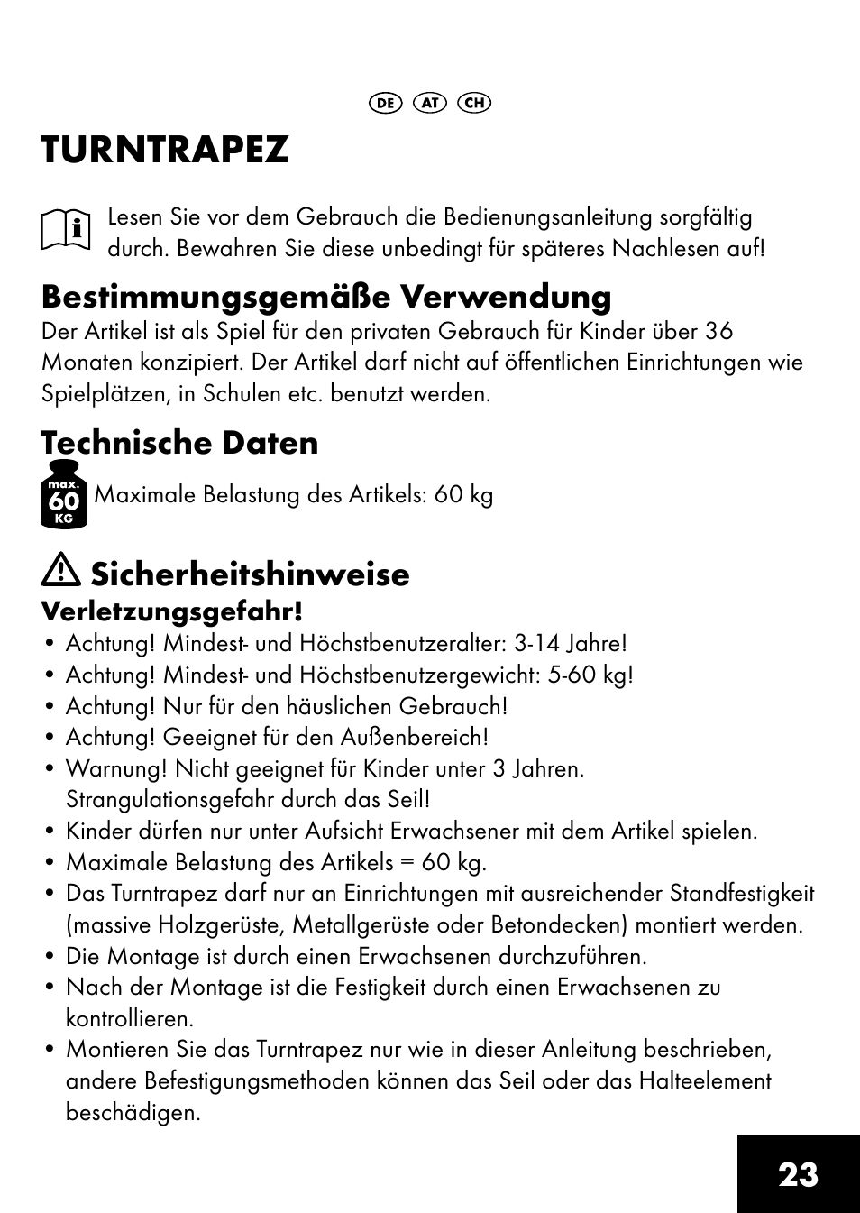 Turntrapez, Bestimmungsgemäße verwendung, Technische daten | Sicherheitshinweise | Playtive RING TRAPEZE User Manual | Page 21 / 28