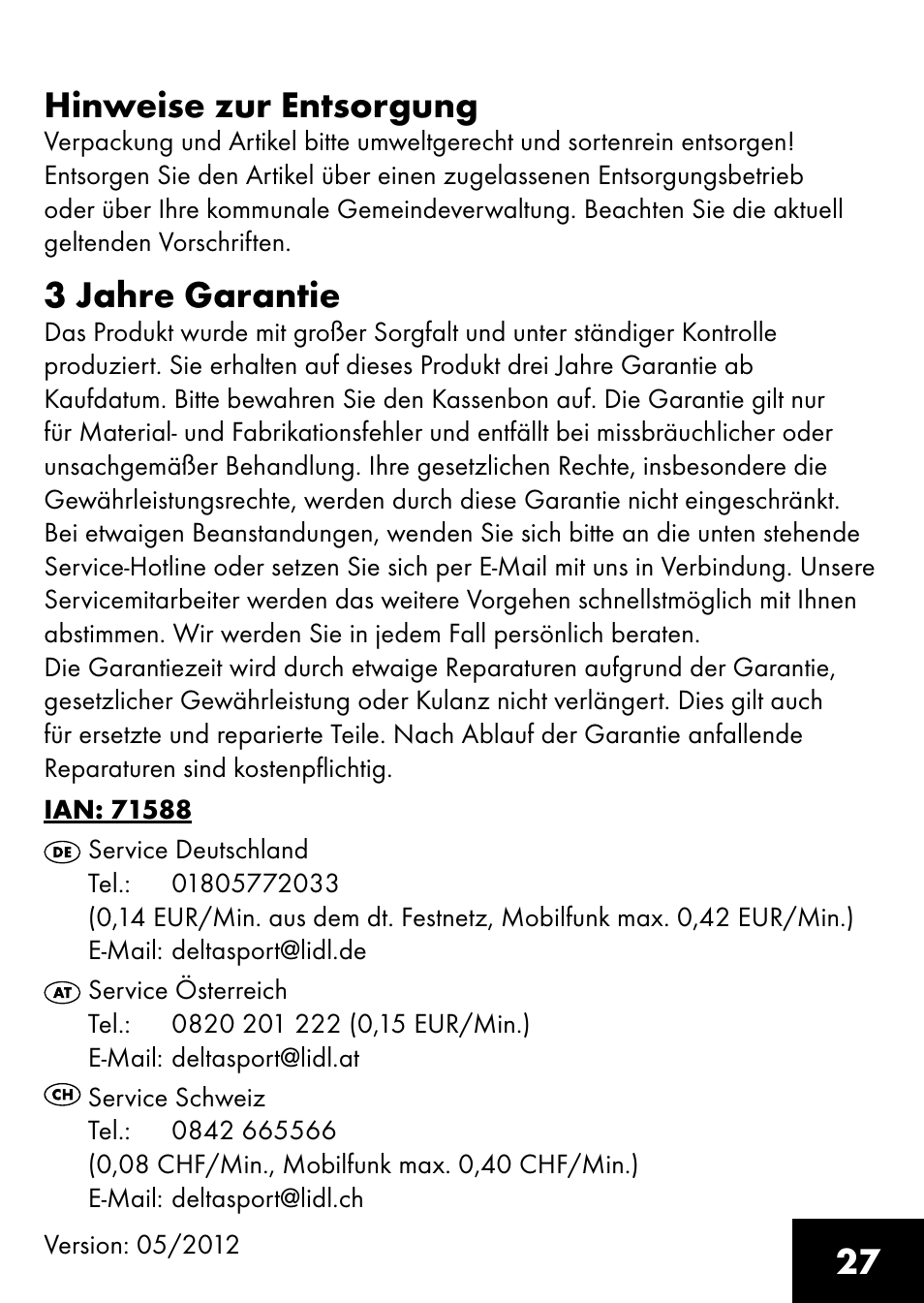 27 hinweise zur entsorgung, 3 jahre garantie | Playtive RING TRAPEZE User Manual | Page 25 / 28