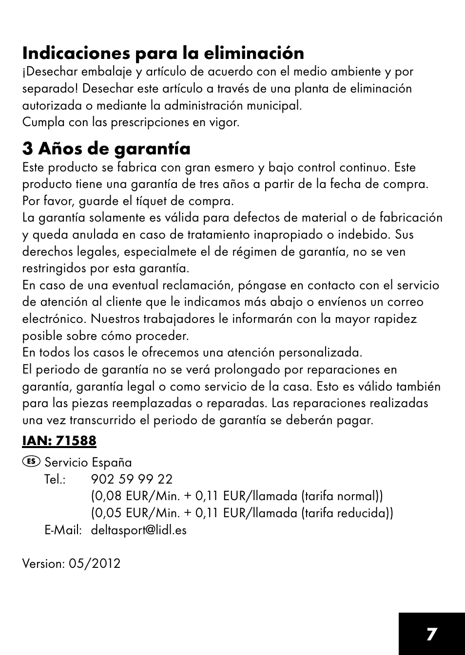 7indicaciones para la eliminación, 3 años de garantía | Playtive RING TRAPEZE User Manual | Page 5 / 28