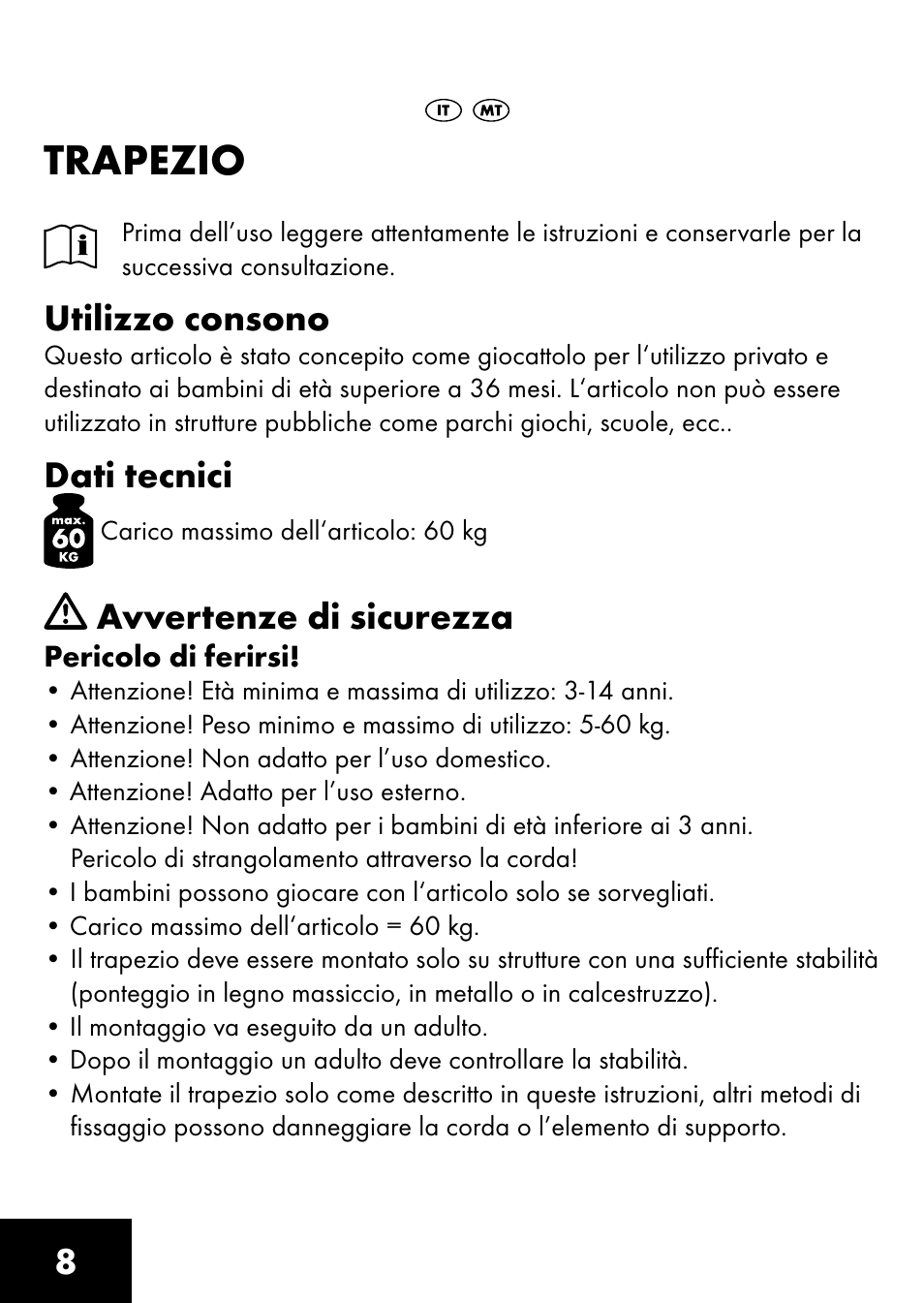 Trapezio, Utilizzo consono, Dati tecnici | Avvertenze di sicurezza | Playtive RING TRAPEZE User Manual | Page 6 / 28