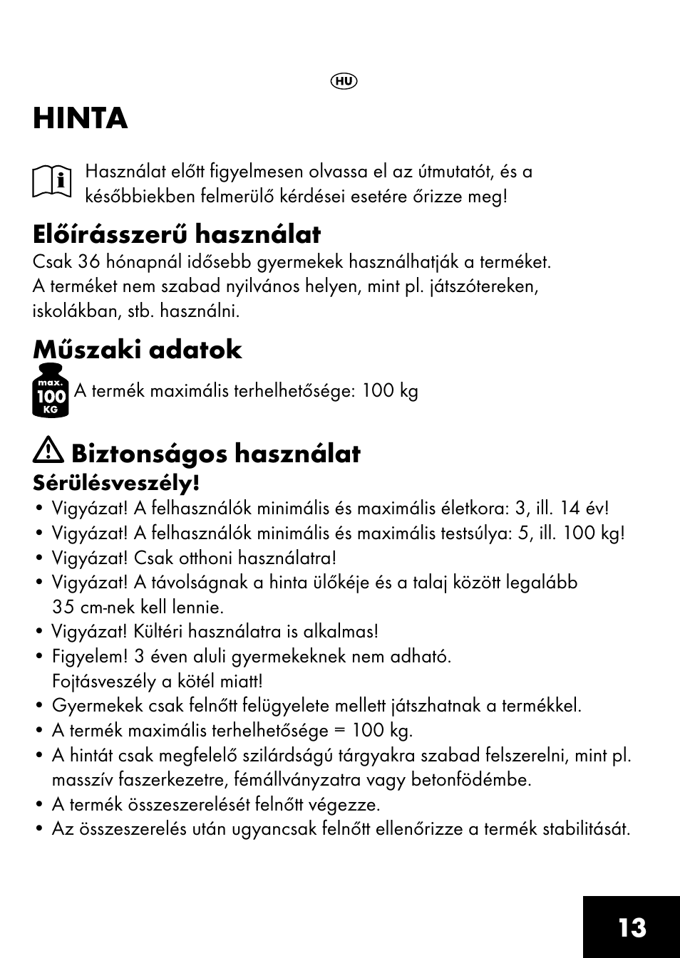 Hinta, Előírásszerű használat, Műszaki adatok | Biztonságos használat | Playtive BOARD SWING User Manual | Page 11 / 32