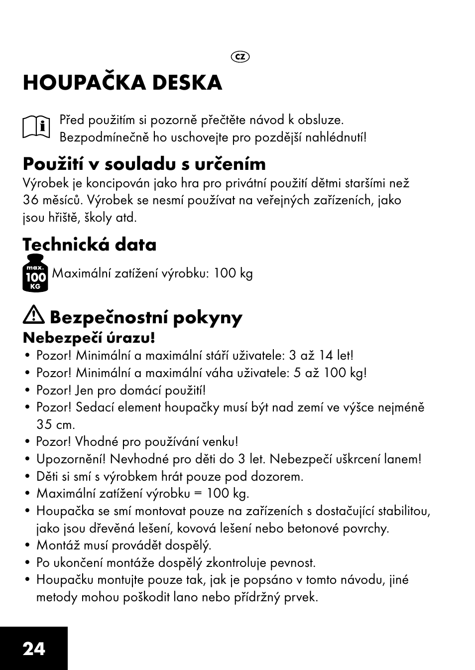 Houpačka deska, Použití v souladu s určením, Technická data | Bezpečnostní pokyny | Playtive BOARD SWING User Manual | Page 22 / 32