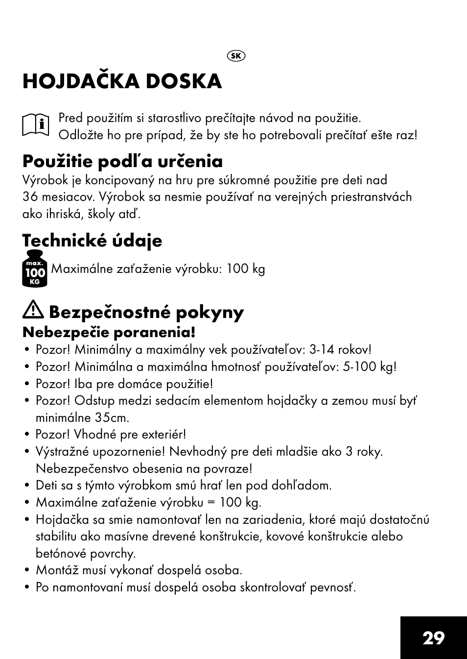 Hojdačka doska, Použitie podľa určenia, Technické údaje | Bezpečnostné pokyny | Playtive BOARD SWING User Manual | Page 27 / 32