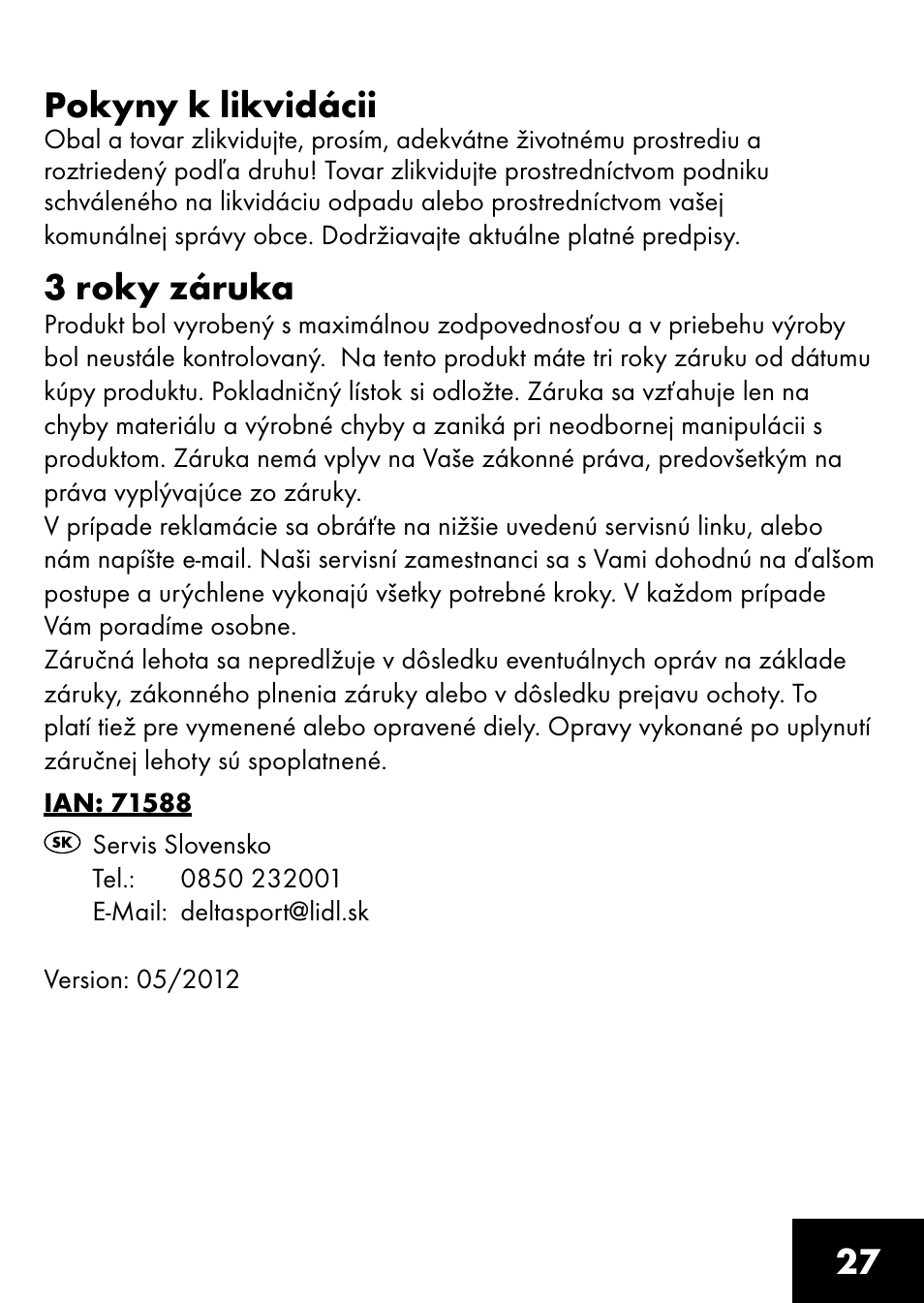27 pokyny k likvidácii, 3 roky záruka | Playtive CLIMBING ROPE User Manual | Page 25 / 28