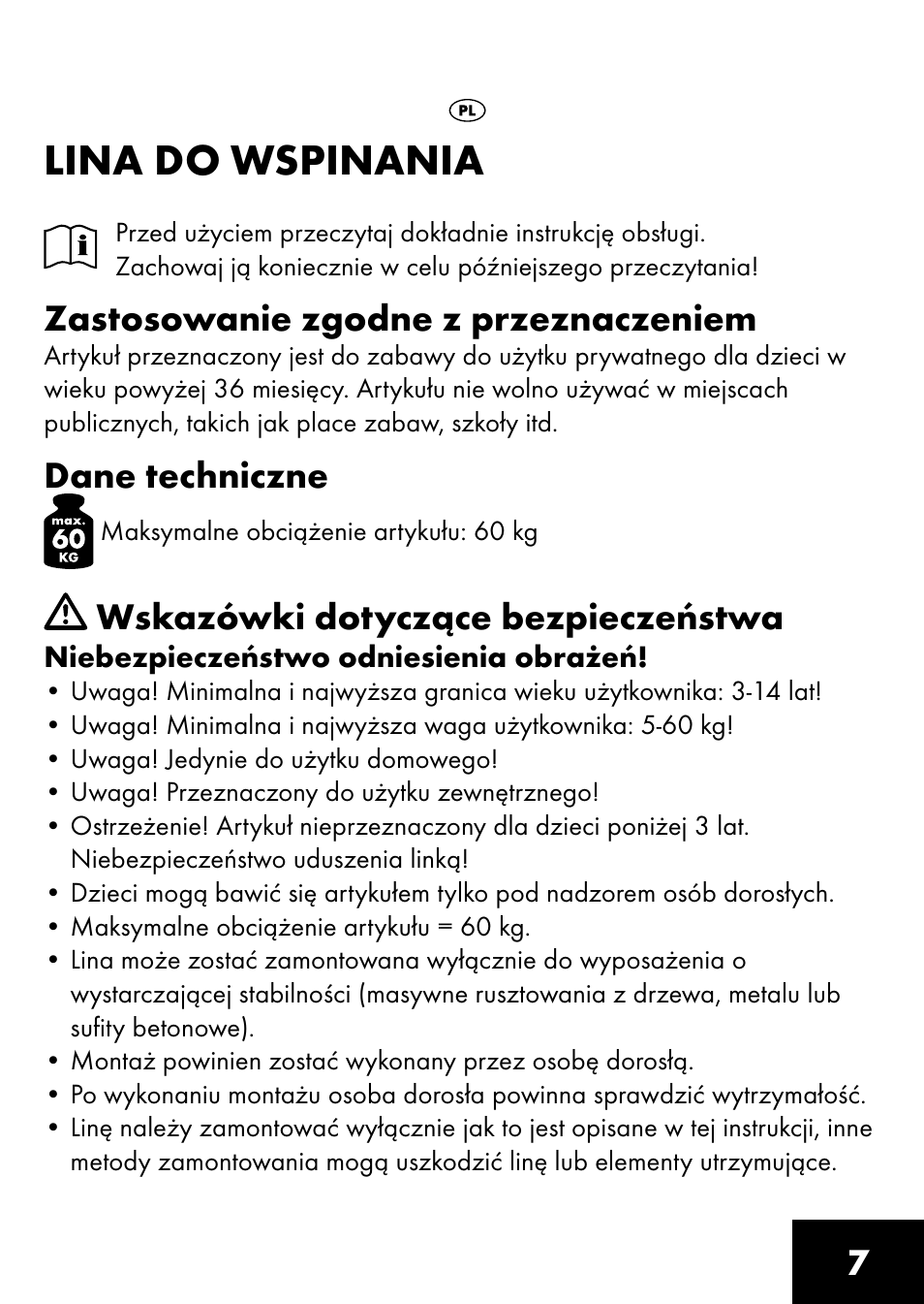 Lina do wspinania, Zastosowanie zgodne z przeznaczeniem, Dane techniczne | Wskazówki dotyczące bezpieczeństwa | Playtive CLIMBING ROPE User Manual | Page 5 / 28