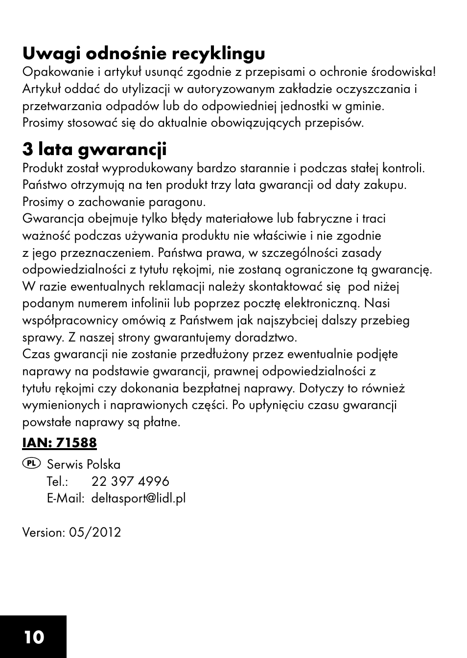 10 uwagi odnośnie recyklingu, 3 lata gwarancji | Playtive CLIMBING ROPE User Manual | Page 8 / 28