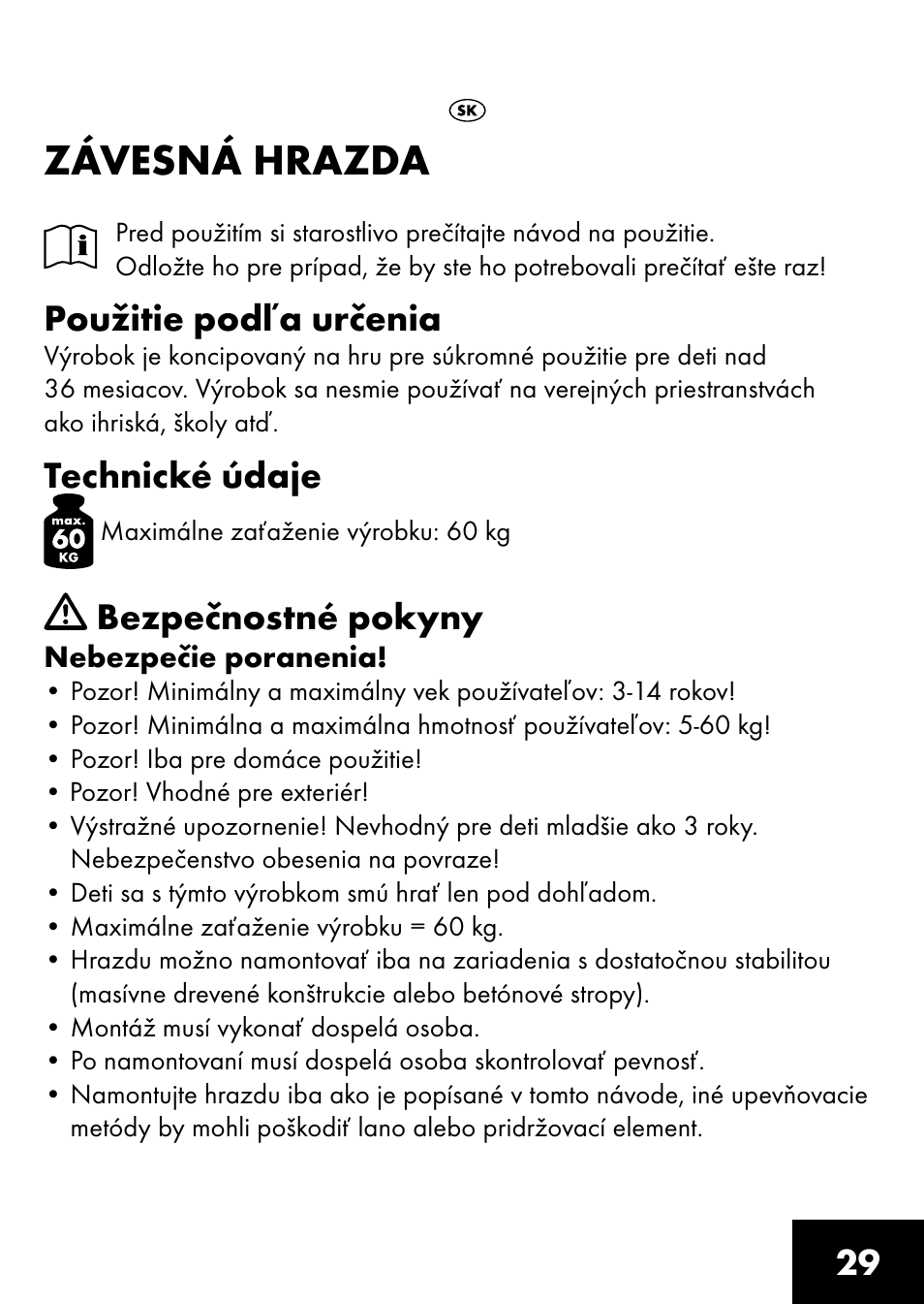 Závesná hrazda, Použitie podľa určenia, Technické údaje | Bezpečnostné pokyny | Playtive RING TRAPEZE User Manual | Page 27 / 32
