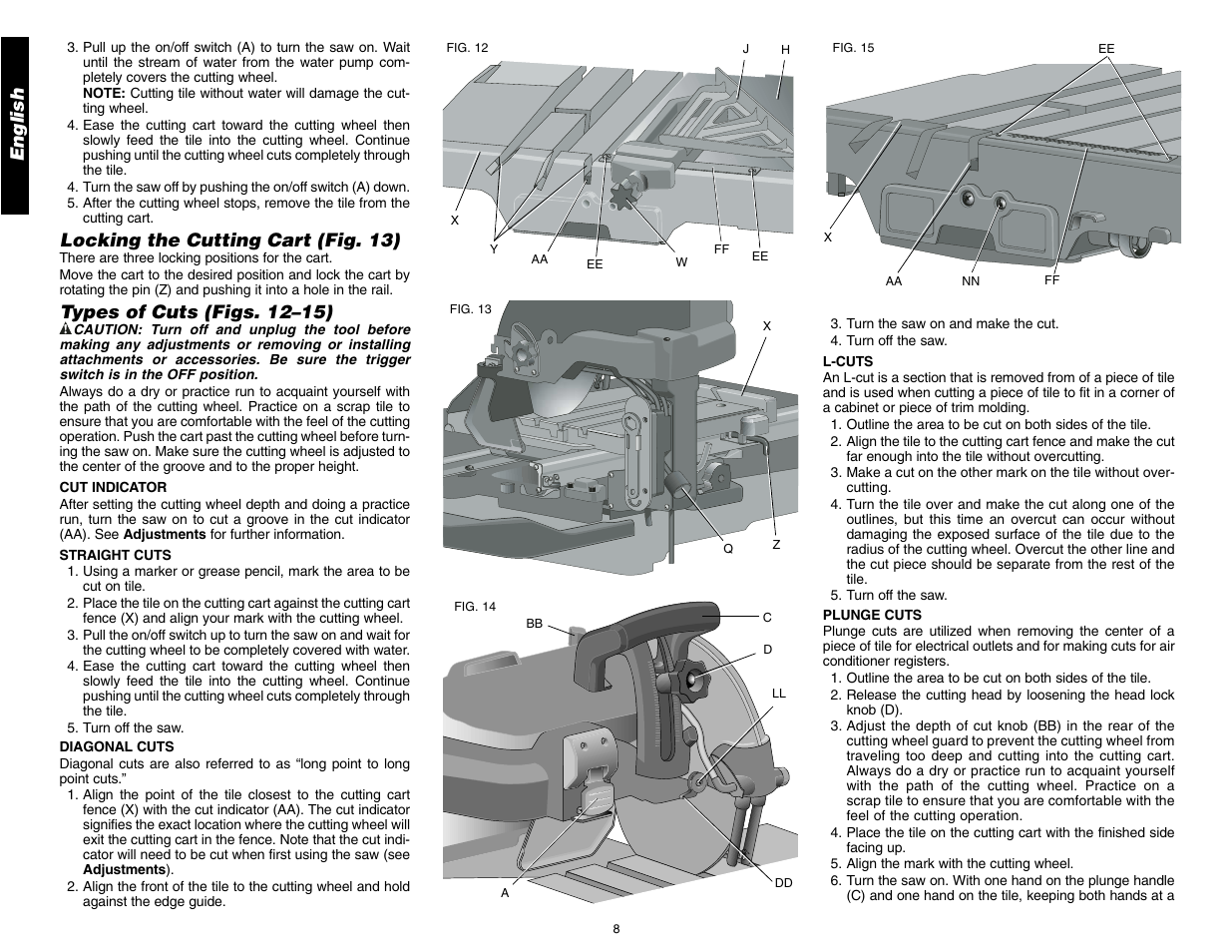 English, Locking the cutting cart (fig. 13), Types of cuts (figs. 12–15) | DeWalt D24000 User Manual | Page 10 / 42
