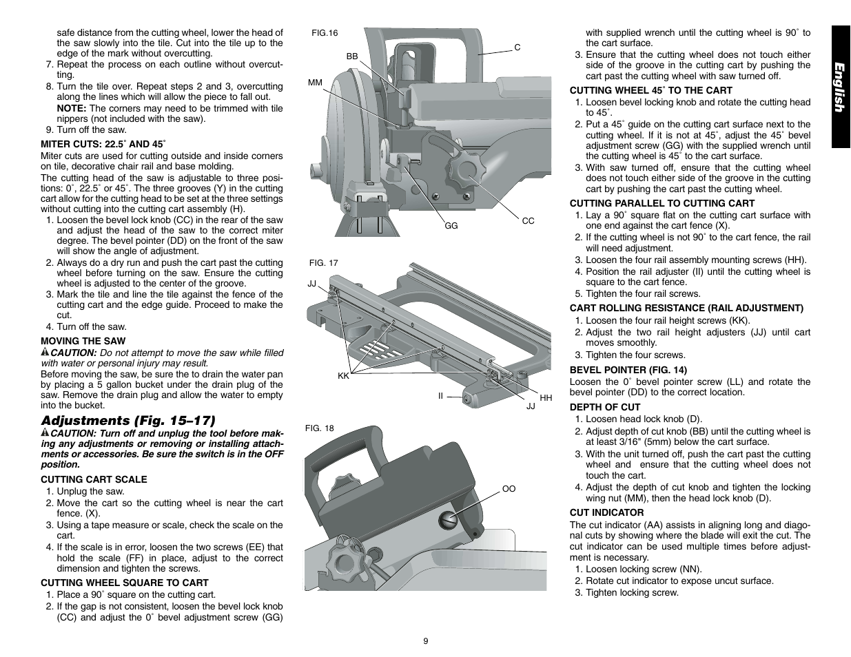 English, Adjustments (fig. 15–17) | DeWalt D24000 User Manual | Page 11 / 42