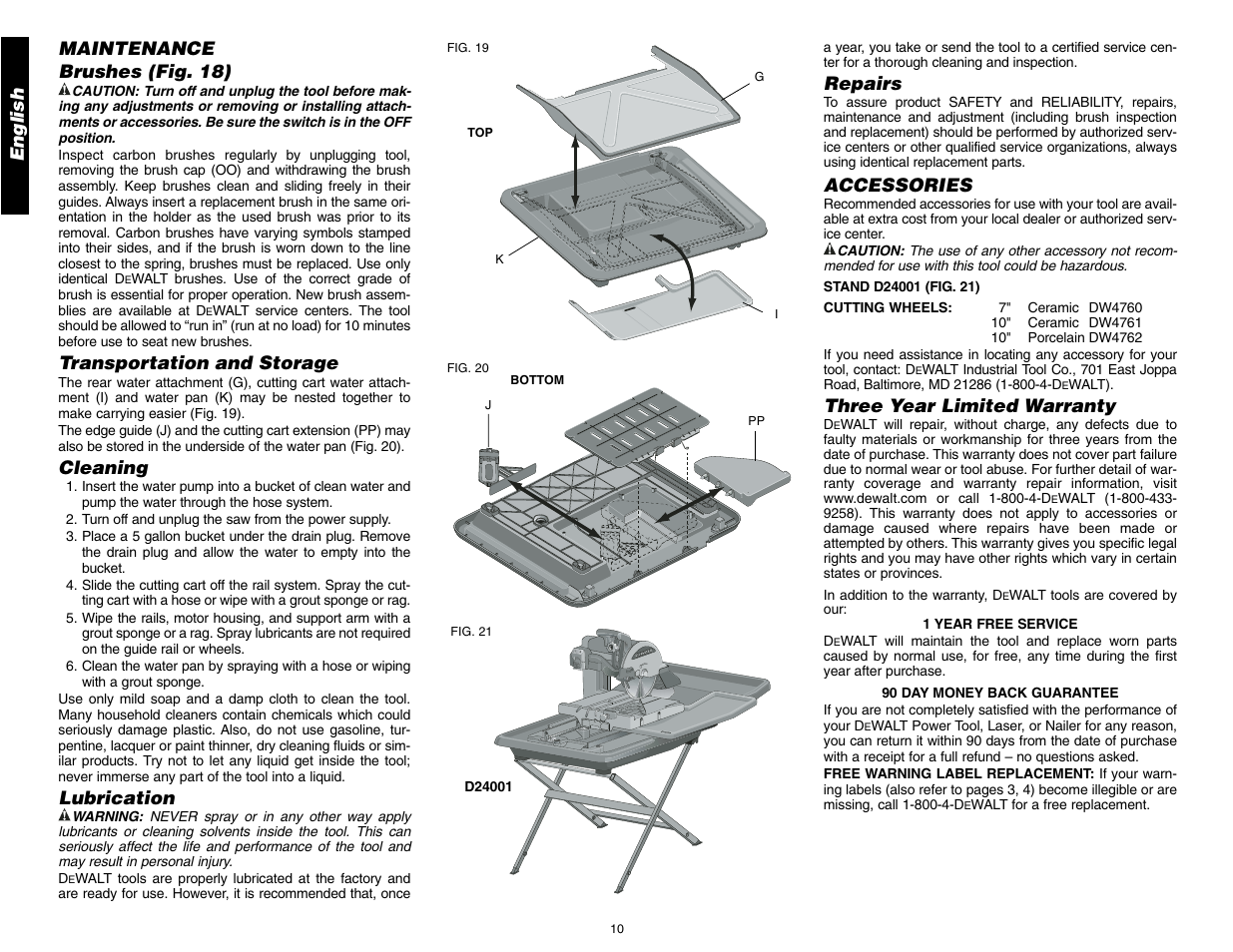 English, Maintenance brushes (fig. 18), Transportation and storage | Cleaning, Lubrication, Repairs, Accessories, Three year limited warranty | DeWalt D24000 User Manual | Page 12 / 42