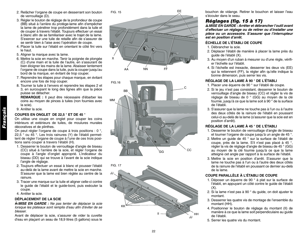 Français, Réglages (fig. 15 à 17) | DeWalt D24000 User Manual | Page 24 / 42