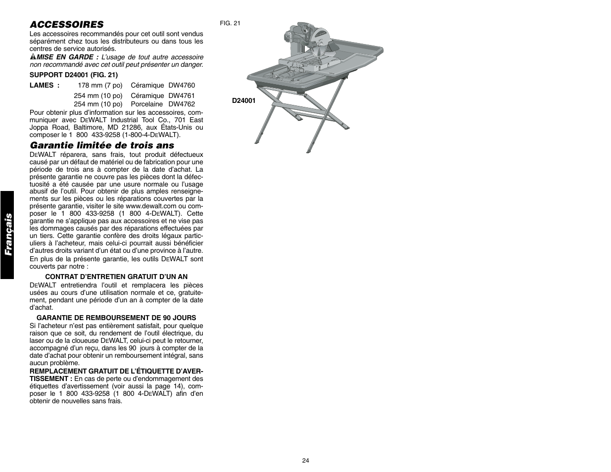 Français accessoires, Garantie limitée de trois ans | DeWalt D24000 User Manual | Page 26 / 42