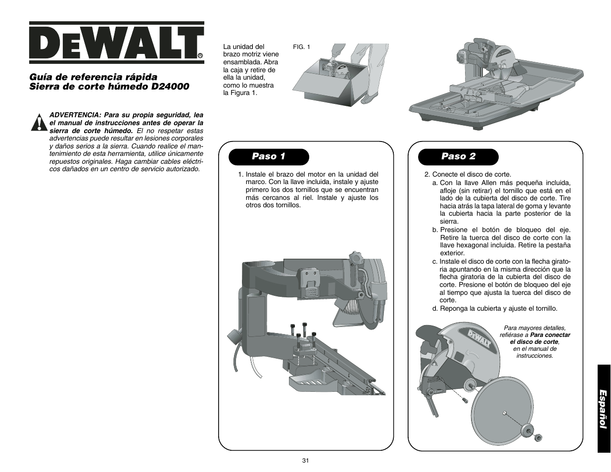 Español, Paso 1, Paso 2 | DeWalt D24000 User Manual | Page 33 / 42