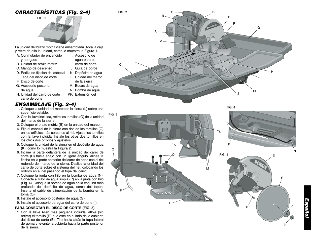 Español características (fig. 2–4), Ensamblaje (fig. 2–4) | DeWalt D24000 User Manual | Page 35 / 42