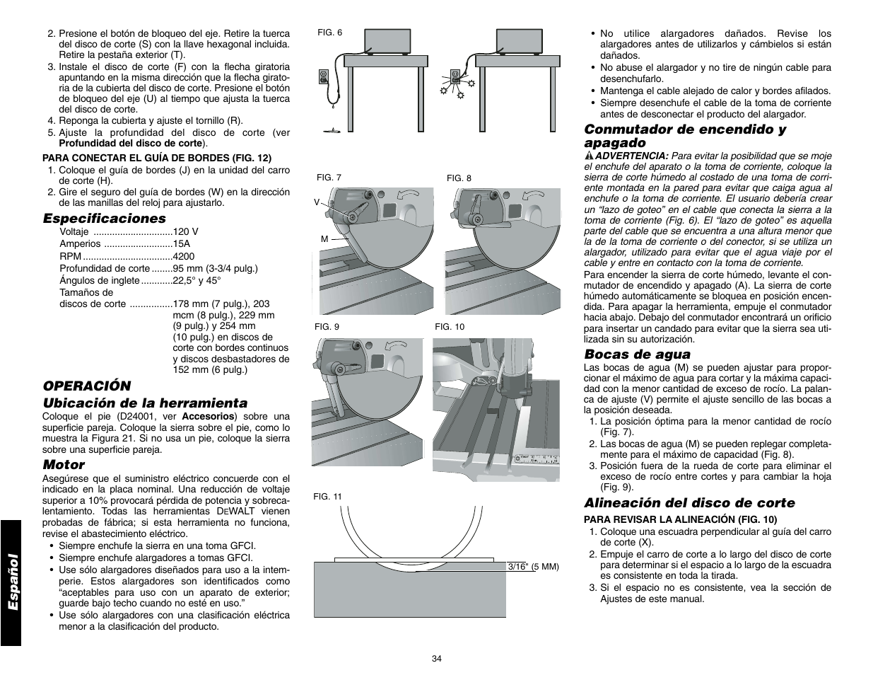 Español, Especificaciones, Operación ubicación de la herramienta | Motor, Conmutador de encendido y apagado, Bocas de agua, Alineación del disco de corte | DeWalt D24000 User Manual | Page 36 / 42
