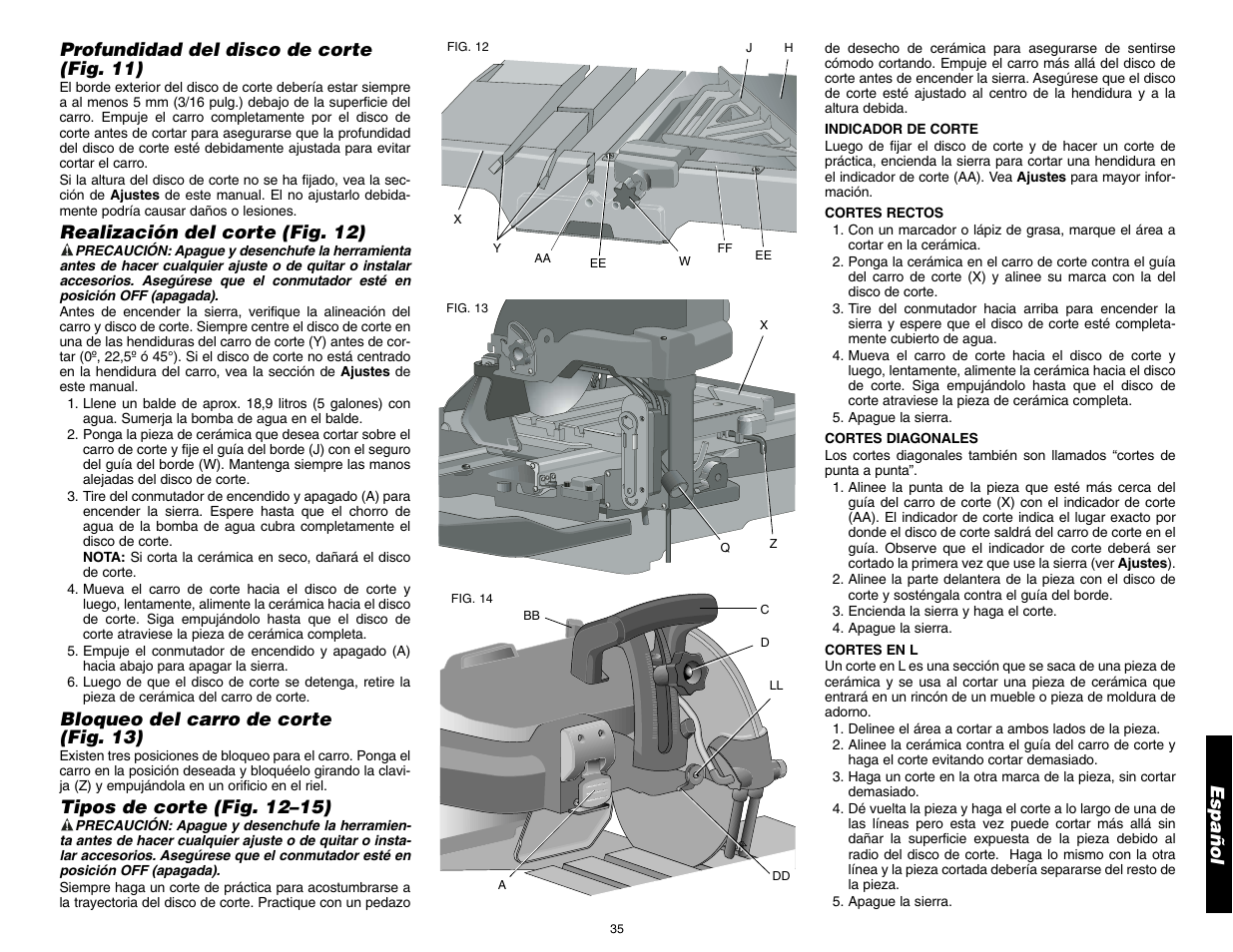 Español profundidad del disco de corte (fig. 11), Realización del corte (fig. 12), Bloqueo del carro de corte (fig. 13) | Tipos de corte (fig. 12–15) | DeWalt D24000 User Manual | Page 37 / 42